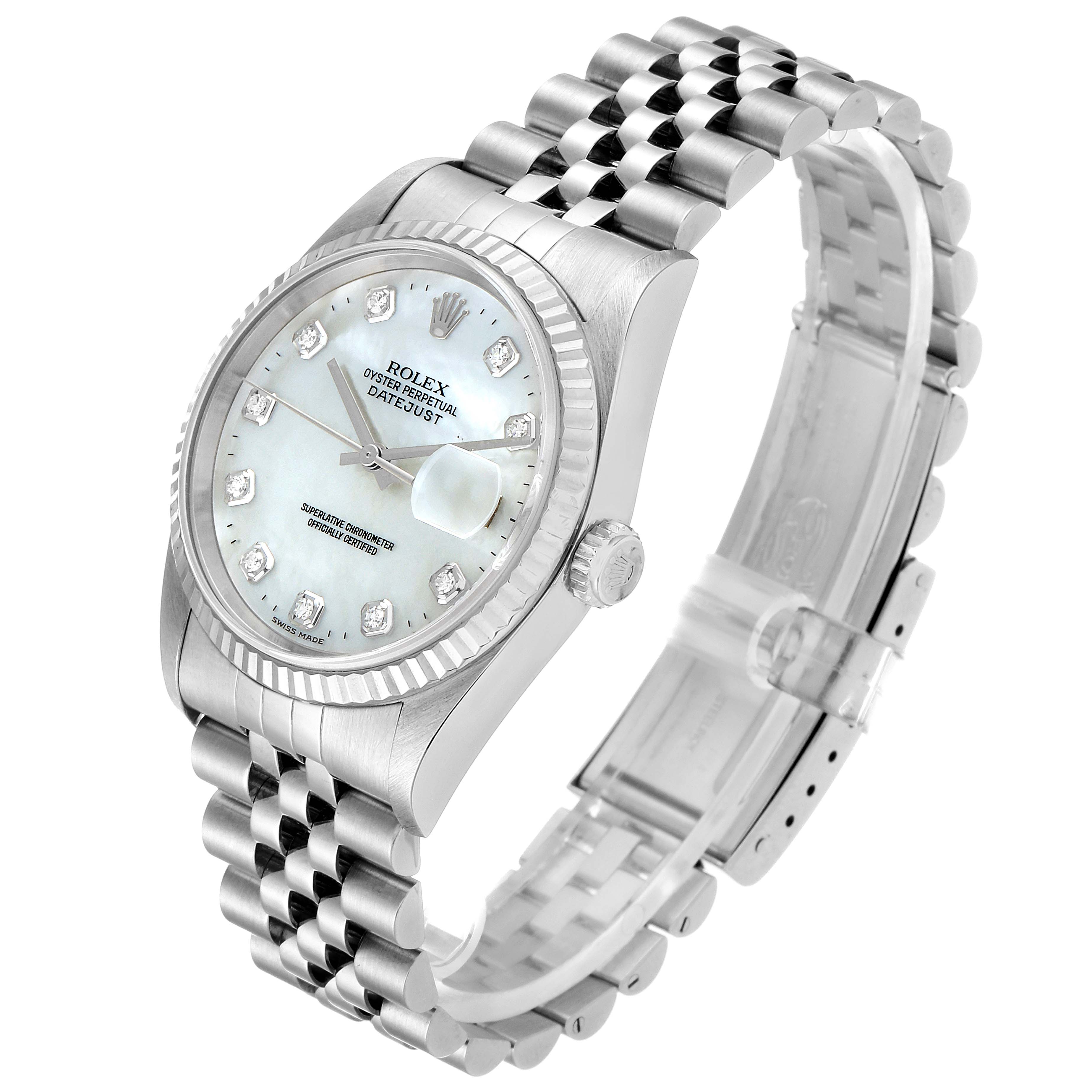 This image shows a Rolex Datejust 16234 Men
s Stainless Steel Mother of Pearl Dial 16234 Men
s Stainless Steel Mother of Pearl Dial watch from a three-quarter angle, highlighting its face, bezel, bracelet, and crown.