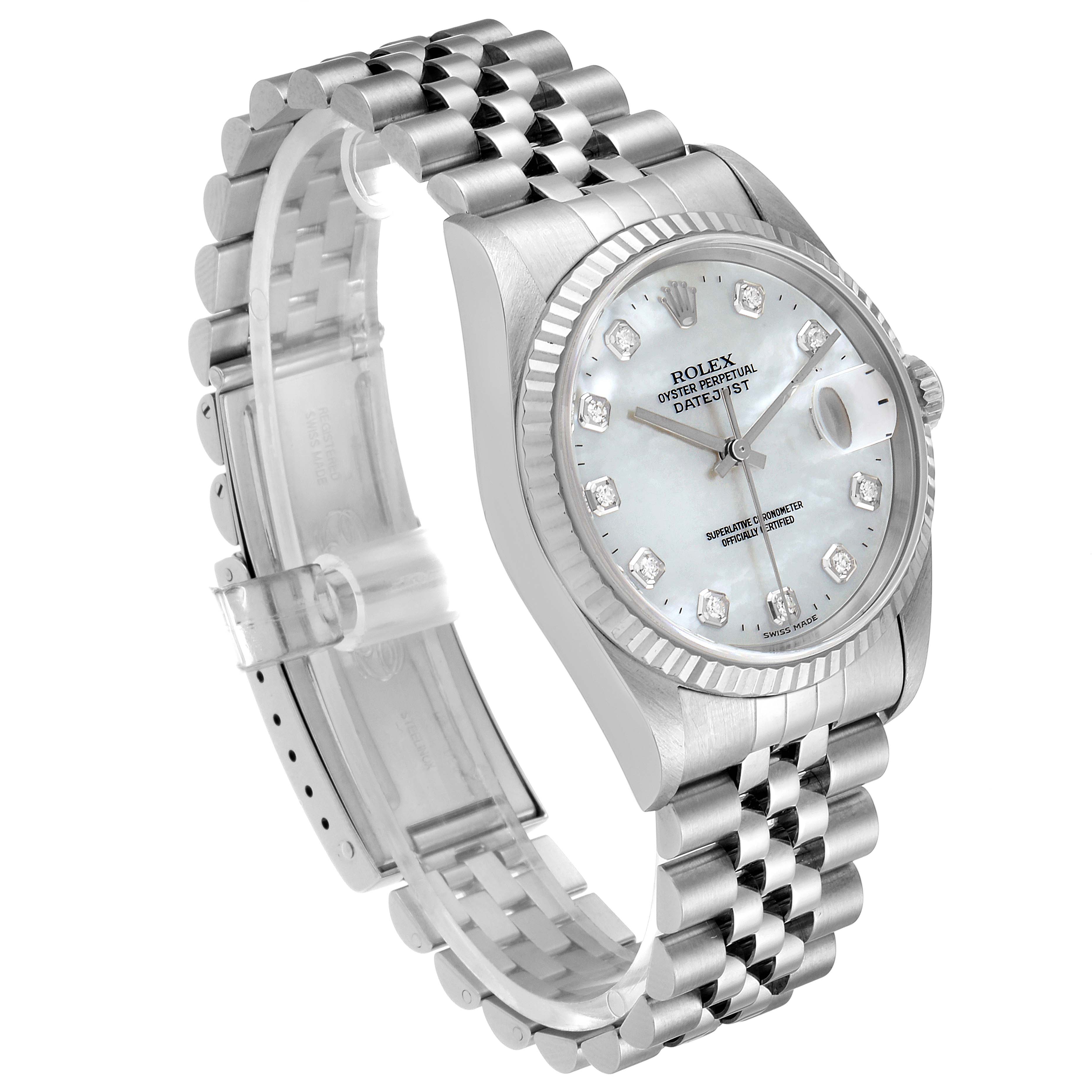 This is a side angle view of a Rolex Datejust 16234 Men
s Stainless Steel Mother of Pearl Dial 16234 Men
s Stainless Steel Mother of Pearl Dial watch, showing the dial, crown, and bracelet.