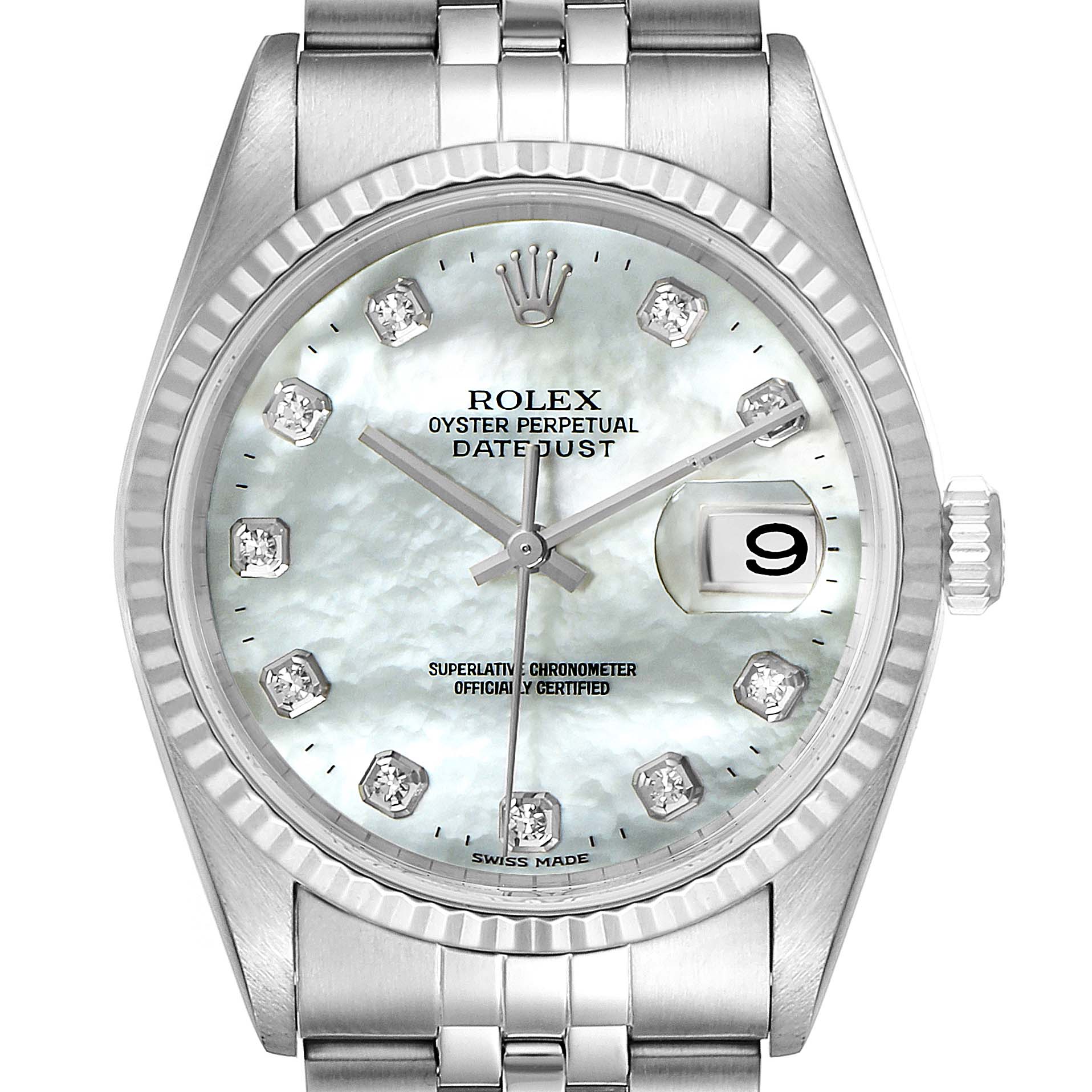 The image shows a Rolex Datejust 16234 Men
s Stainless Steel Mother of Pearl Dial 16234 Men
s Stainless Steel Mother of Pearl Dial watch, capturing the dial, hands, bezel, and part of the bracelet at a top-down angle.