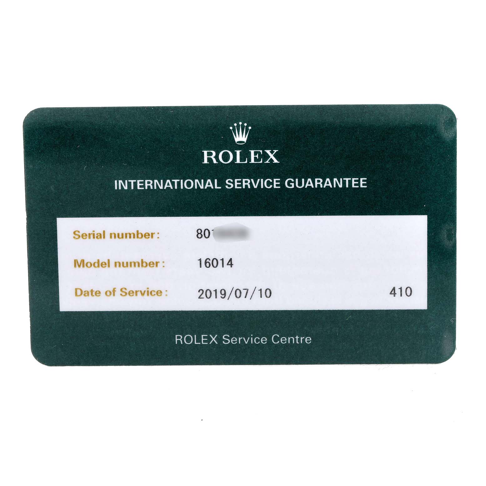 The image shows the International Service Guarantee card for the Rolex Vintage Collection 16014 Men's Stainless Steel Silver Dial 16014 Men's Stainless Steel Silver Dial model number 16014.
