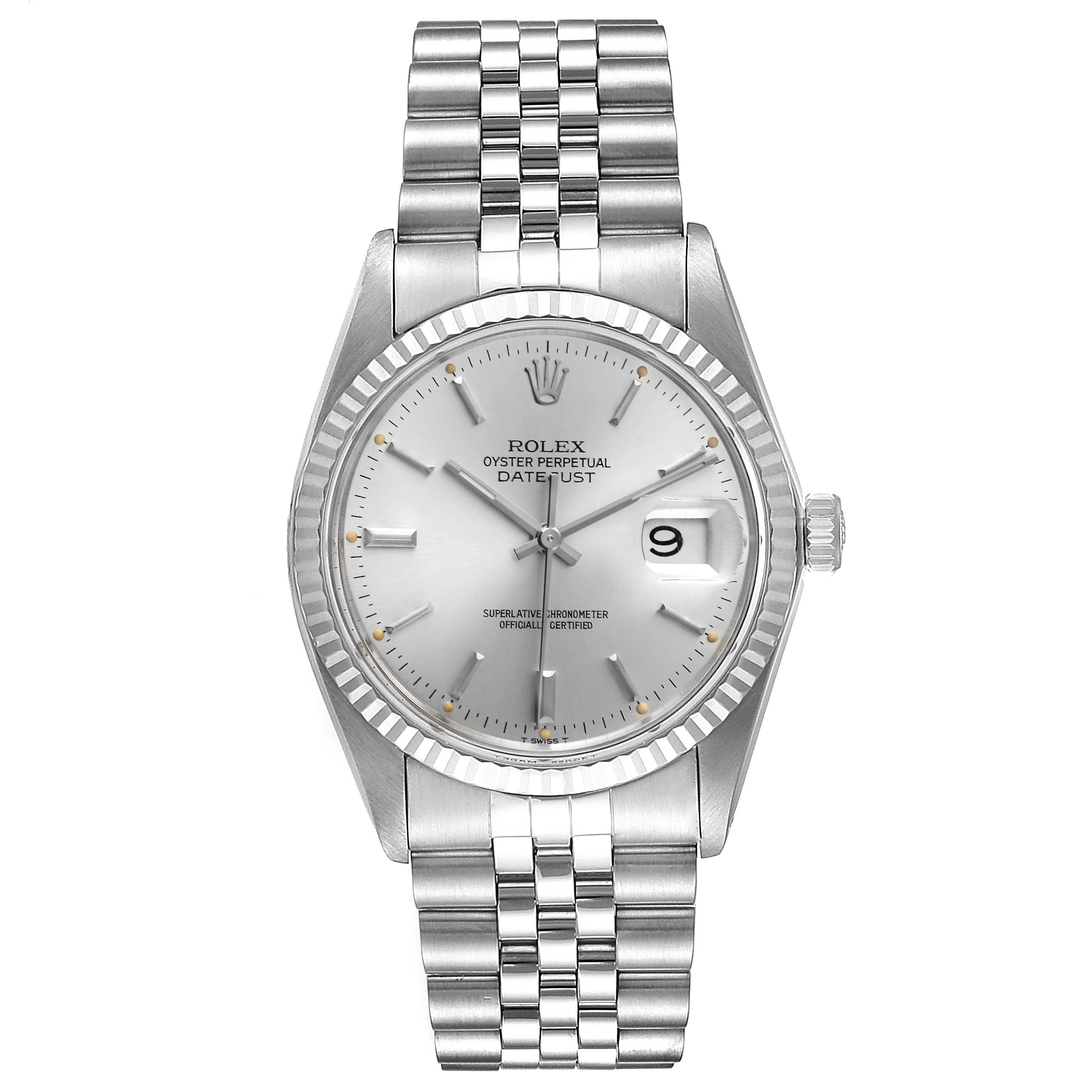 This is a Rolex Vintage Collection 16014 Men's Stainless Steel Silver Dial 16014 Men's Stainless Steel Silver Dial Datejust watch shown from a front angle, displaying its dial, bezel, case, and bracelet.