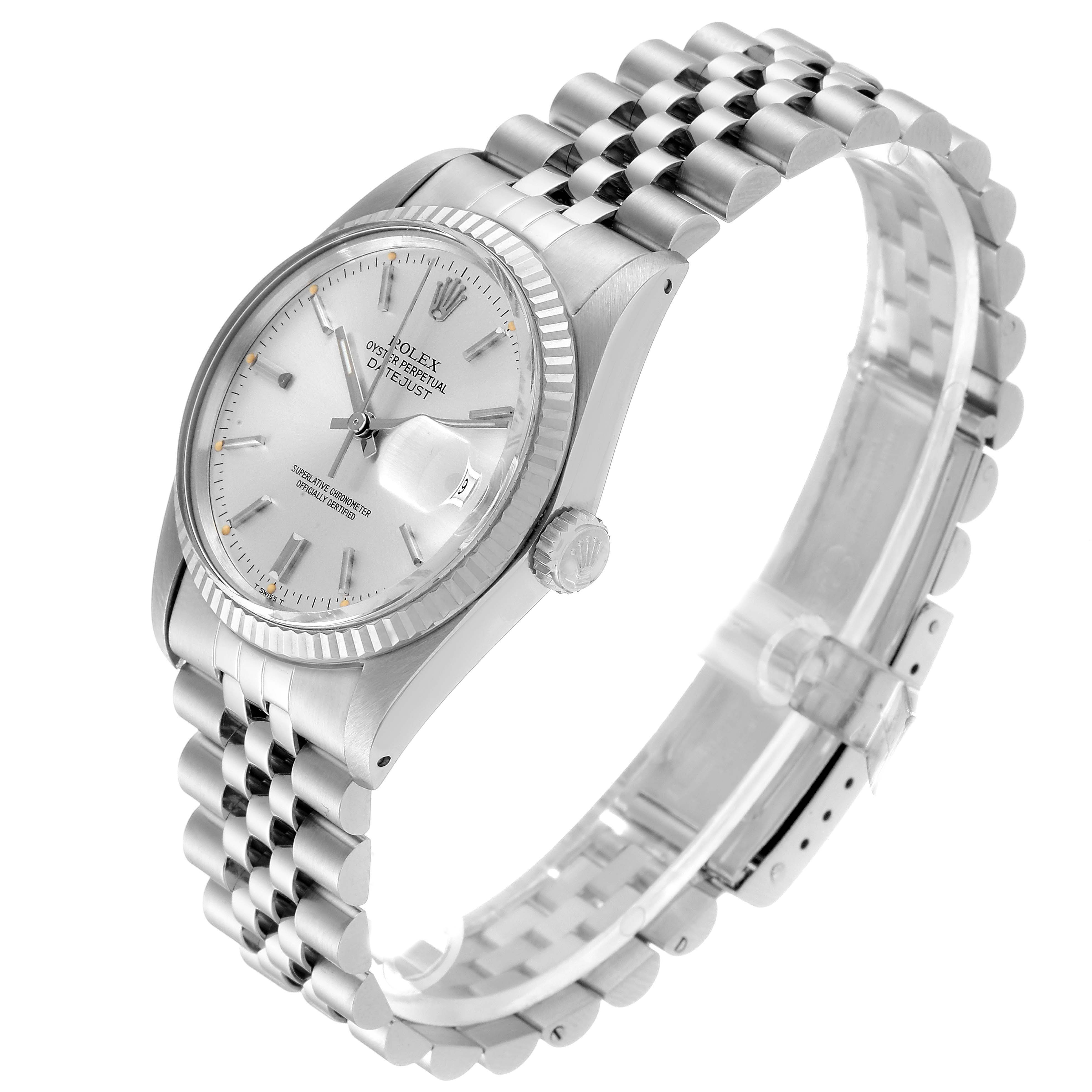 The image shows a side angle view of the Rolex Vintage Collection 16014 Men's Stainless Steel Silver Dial 16014 Men's Stainless Steel Silver Dial watch, highlighting the face, bracelet, and crown.