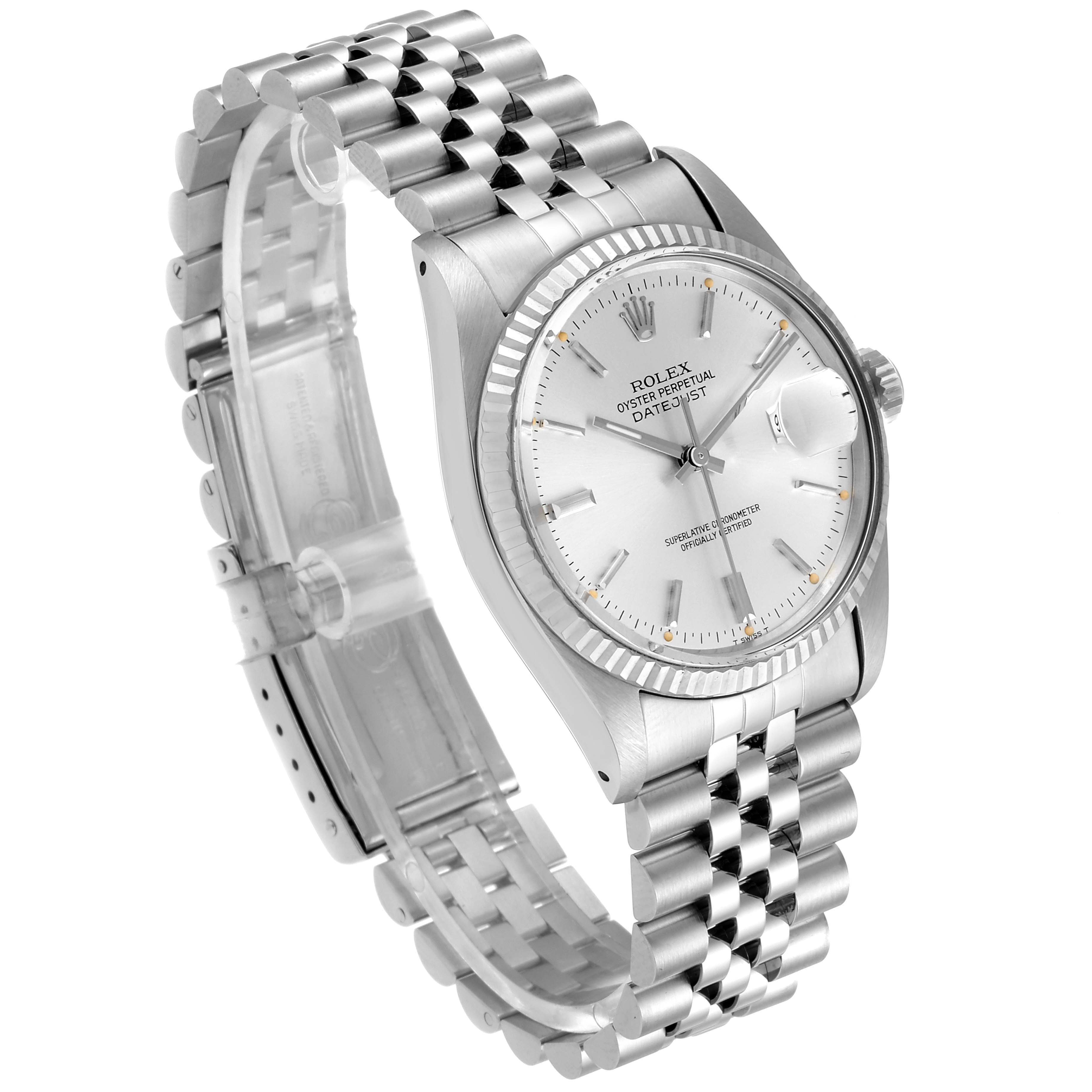 The image shows a Rolex Vintage Collection 16014 Men's Stainless Steel Silver Dial 16014 Men's Stainless Steel Silver Dial Datejust model watch angled to highlight the face, bezel, crown, and stainless steel bracelet.