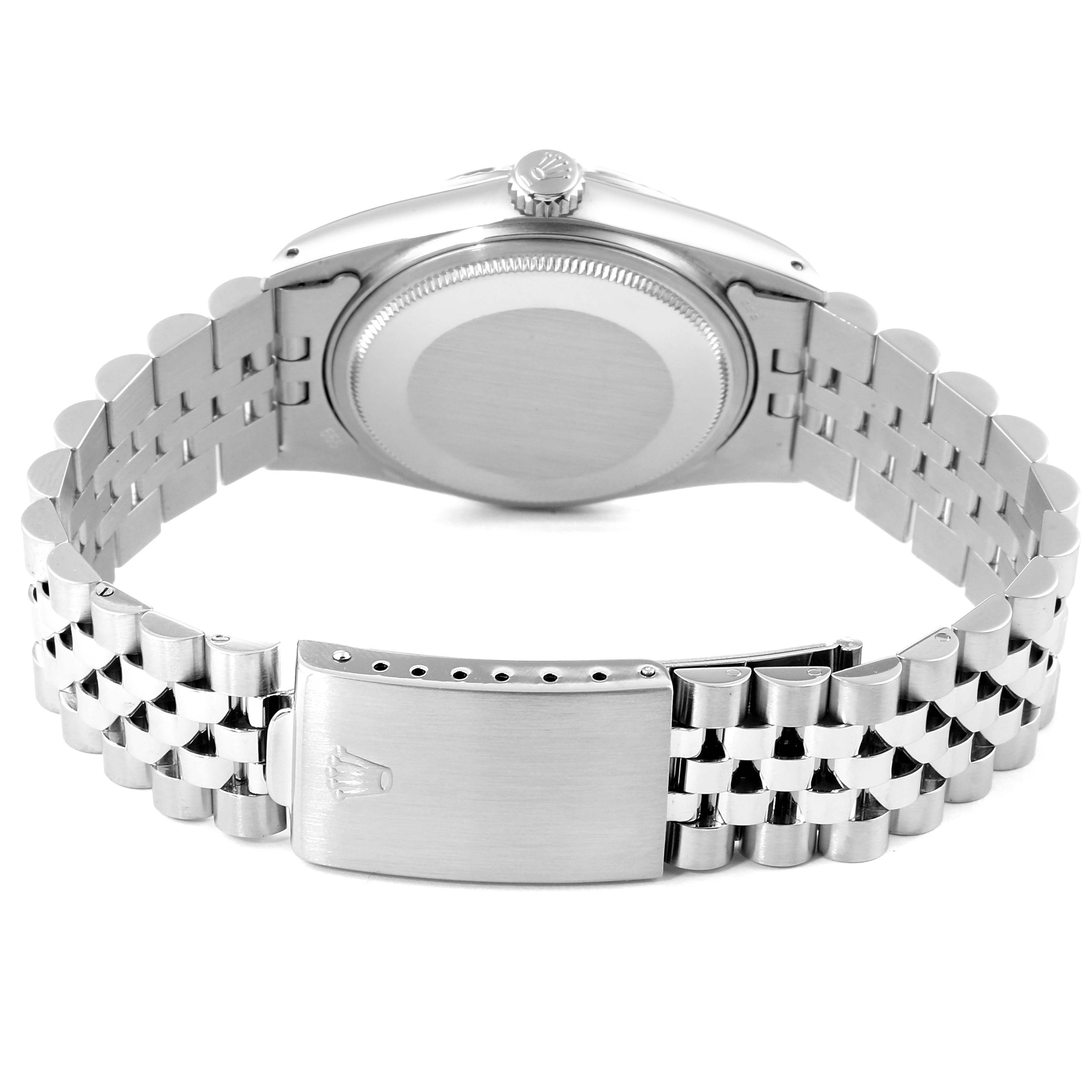 The image shows the back casing, crown, and clasp of the bracelet of a Rolex Vintage Collection 16014 Men's Stainless Steel Silver Dial 16014 Men's Stainless Steel Silver Dial model watch.