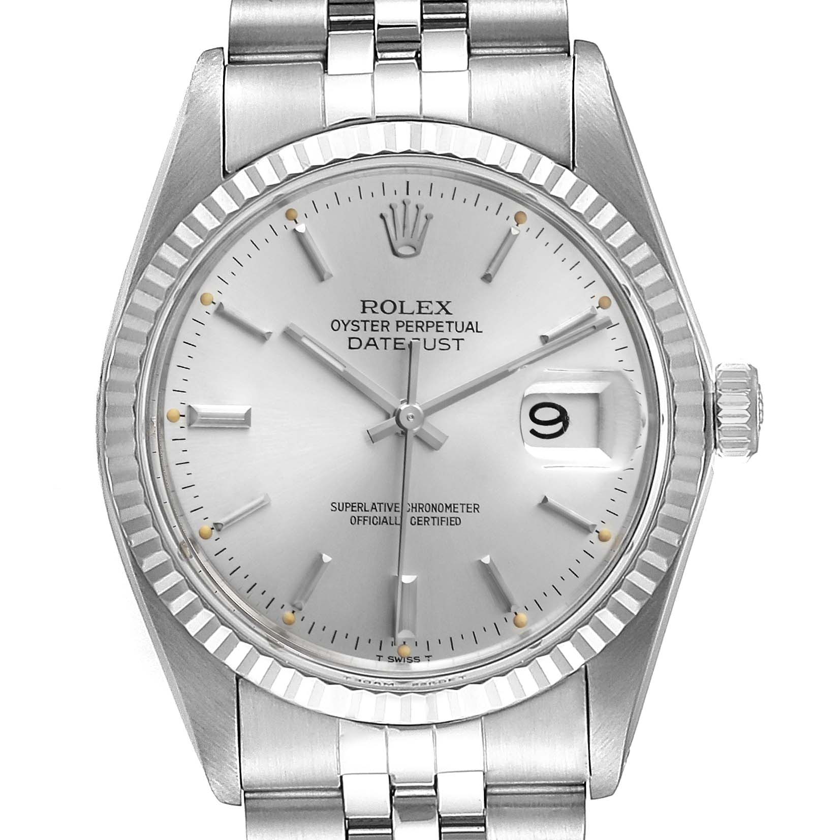 The image features a Rolex Vintage Collection 16014 Men's Stainless Steel Silver Dial 16014 Men's Stainless Steel Silver Dial Oyster Perpetual Datejust watch from a front angle, showing the face, bezel, crown, and part of the bracelet.
