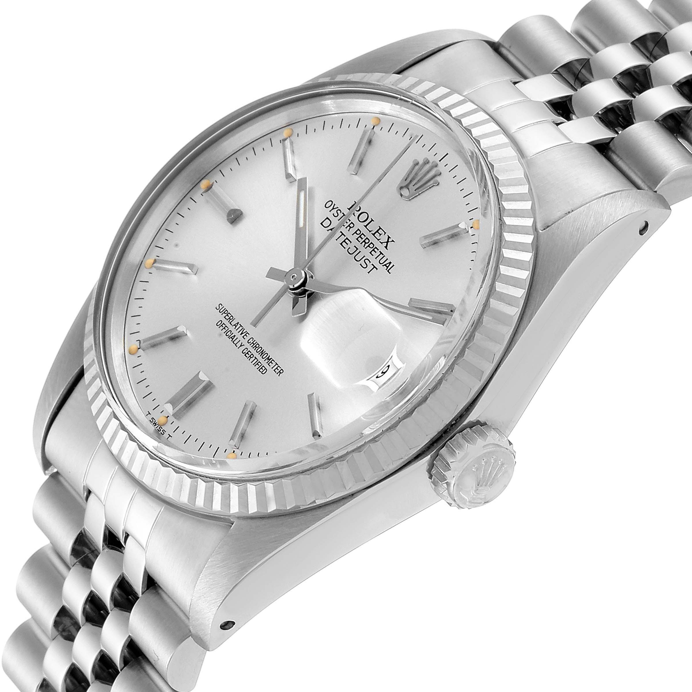 The image shows a close-up angled view of the face, bezel, crown, and part of the bracelet of the Rolex Vintage Collection 16014 Men's Stainless Steel Silver Dial 16014 Men's Stainless Steel Silver Dial watch.