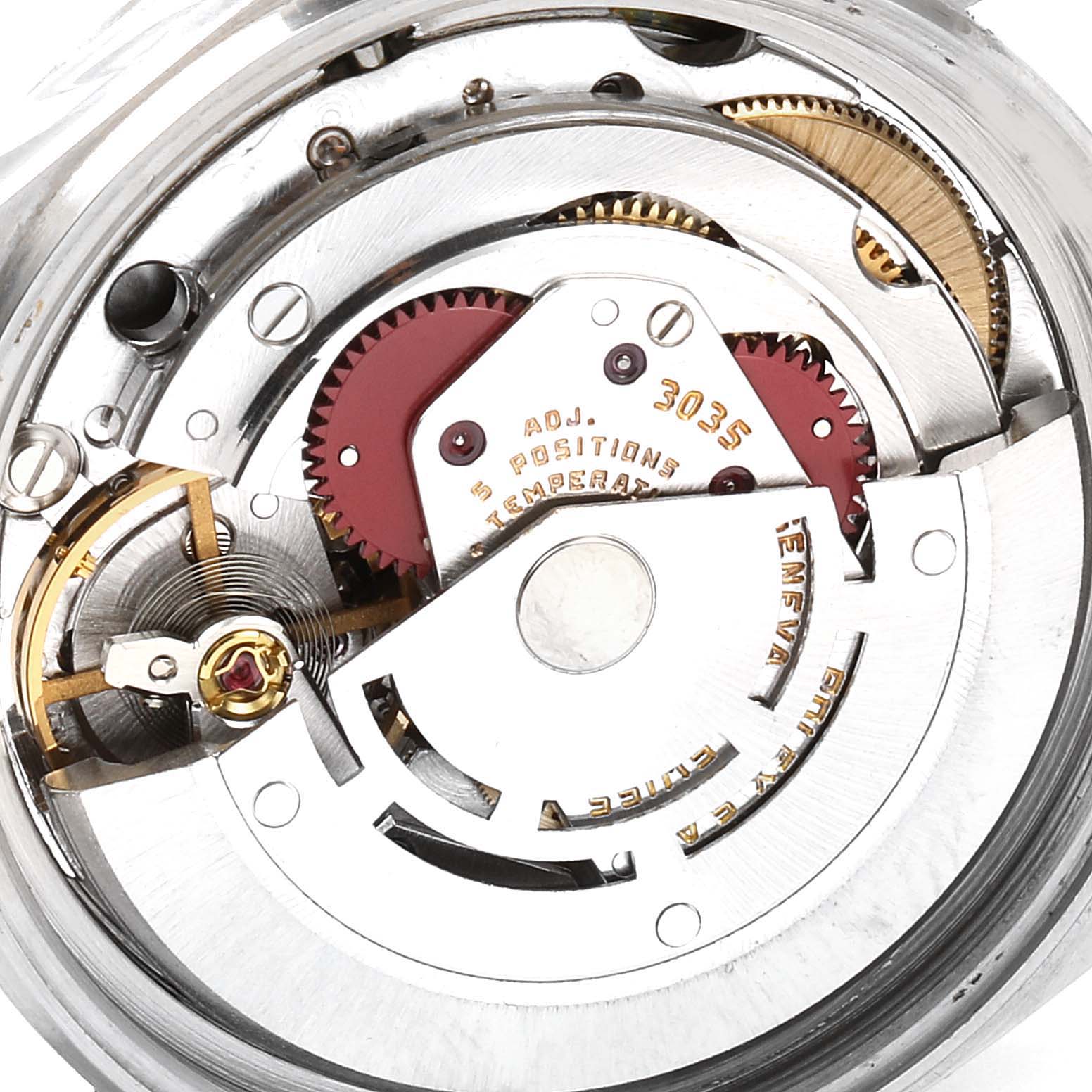 The image shows a close-up of the inner mechanism of a Rolex Vintage Collection 16014 Men's Stainless Steel Silver Dial 16014 Men's Stainless Steel Silver Dial watch viewed from the back.
