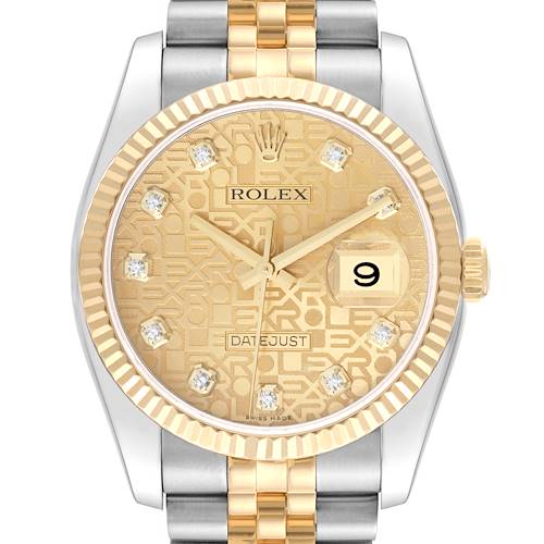 The image shows a Rolex Datejust watch from a front angle, highlighting the gold patterned dial, bezel, and two-tone bracelet.