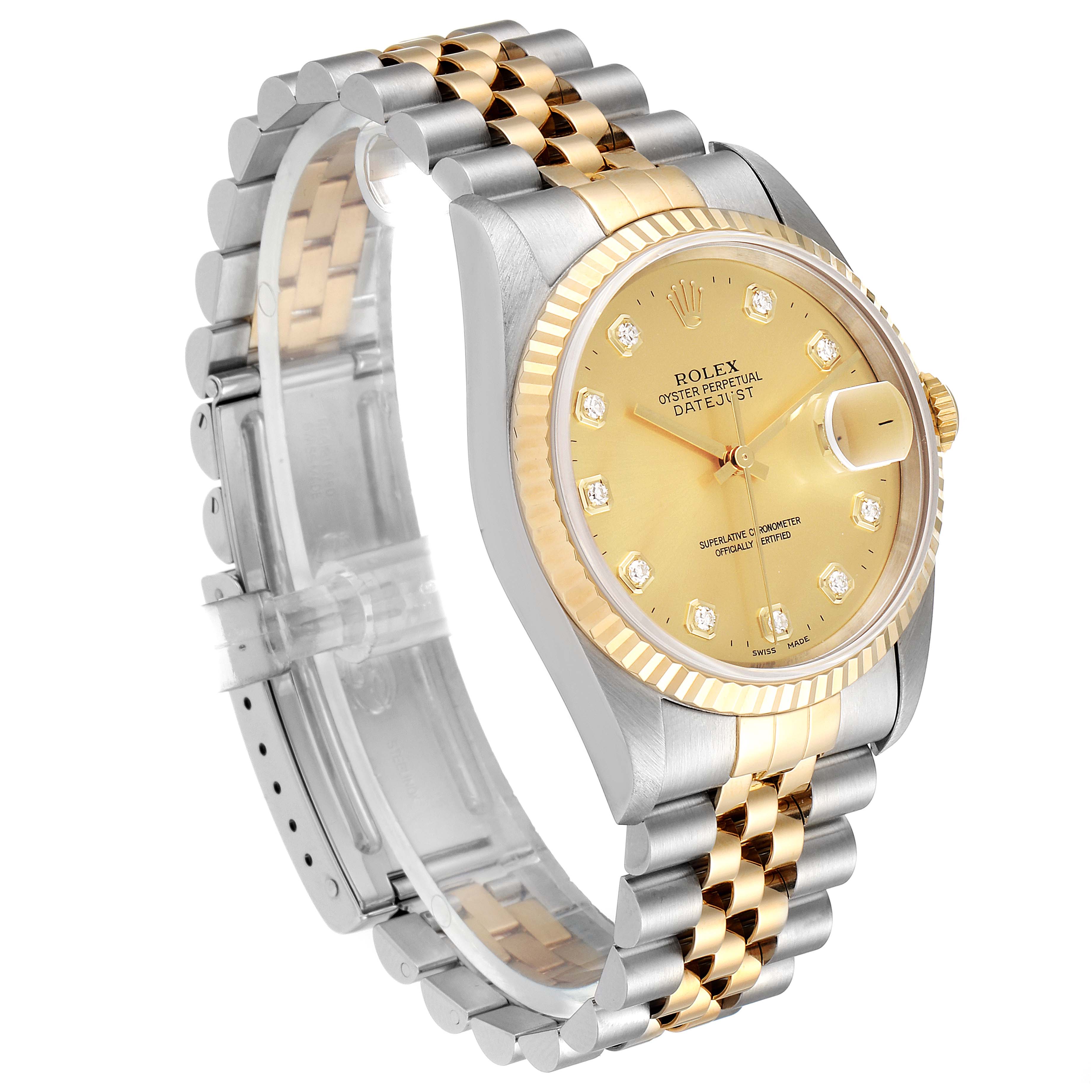 This image shows a Rolex Datejust 16233 Men's Steel and Gold (two tone) Champagne Dial 16233 Men's Steel and Gold (two tone) Champagne Dial watch in a side angle, displaying the gold face, diamond markers, two-tone bracelet, and fluted bezel.