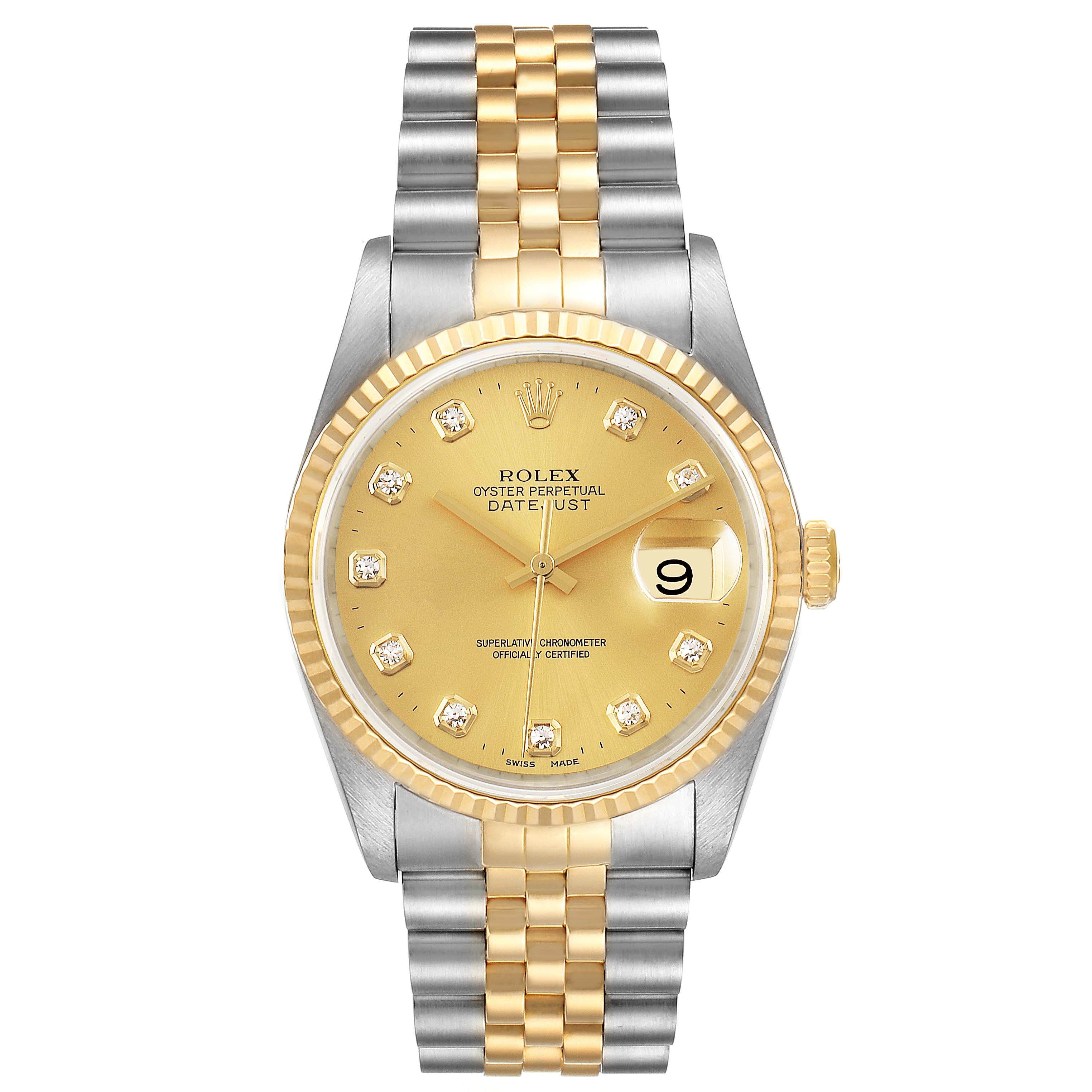The image shows a Rolex Datejust 16233 Men's Steel and Gold (two tone) Champagne Dial 16233 Men's Steel and Gold (two tone) Champagne Dial watch with a gold dial, diamond hour markers, and a two-tone gold and silver bracelet, viewed from the front.