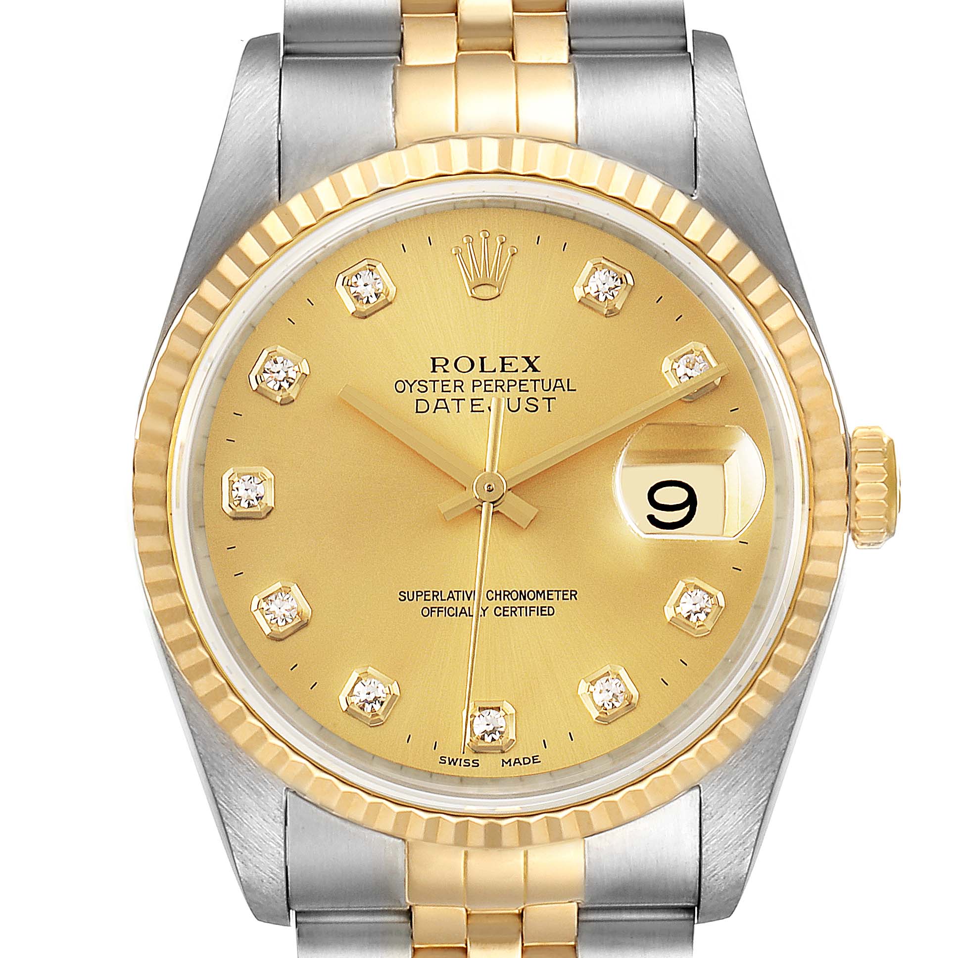 The image displays a front view of the Rolex Datejust 16233 Men's Steel and Gold (two tone) Champagne Dial 16233 Men's Steel and Gold (two tone) Champagne Dial watch, highlighting its gold dial, fluted bezel, date window, and two-tone bracelet.
