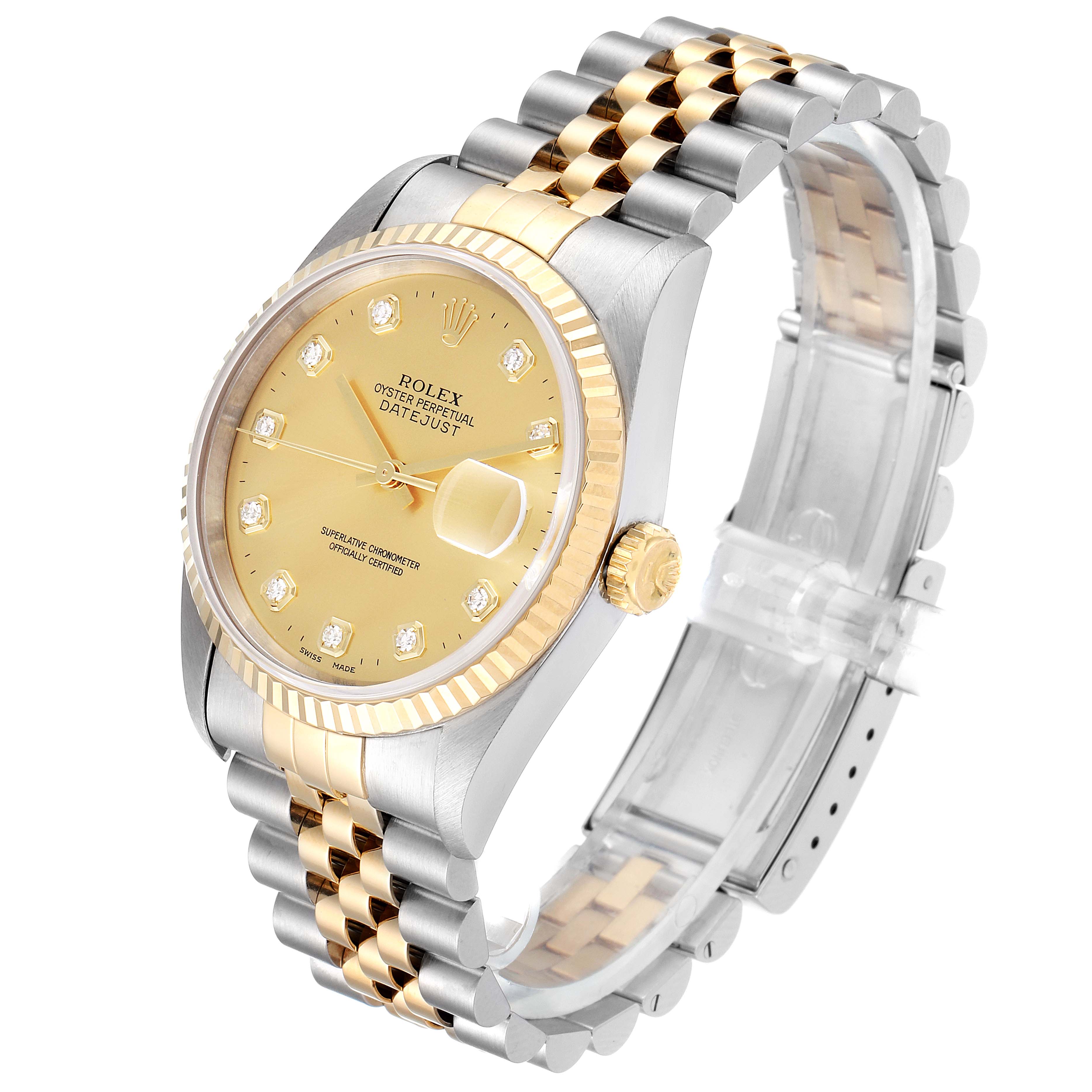 The image shows a Rolex Datejust 16233 Men's Steel and Gold (two tone) Champagne Dial 16233 Men's Steel and Gold (two tone) Champagne Dial watch at a three-quarter angle, displaying the face, bezel, and the jubilee bracelet.