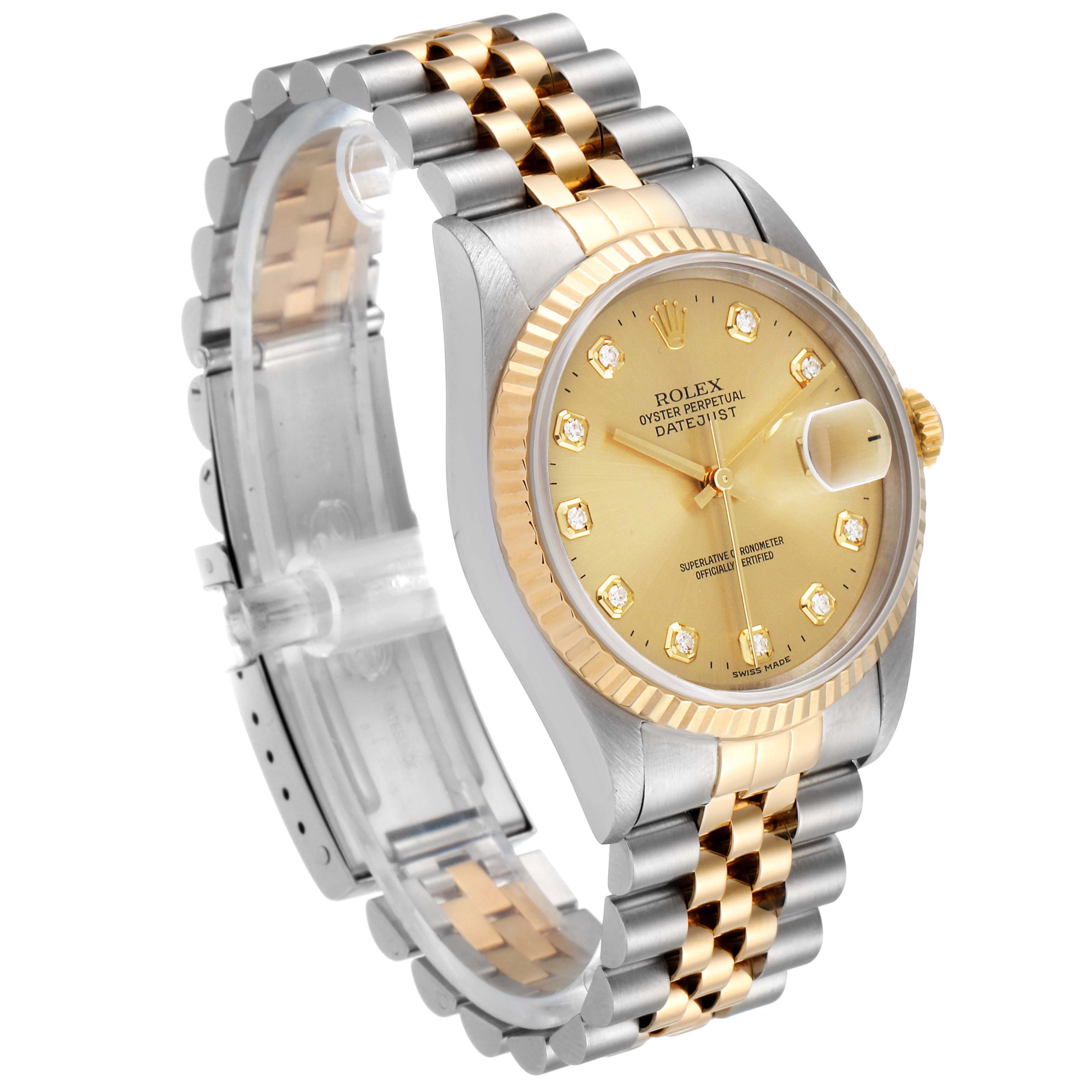 The image shows a Rolex Datejust 16233 Men's Steel and Gold (two tone) Champagne Dial 16233 Men's Steel and Gold (two tone) Champagne Dial watch at a three-quarter view, highlighting its dial, bezel, and two-tone bracelet.