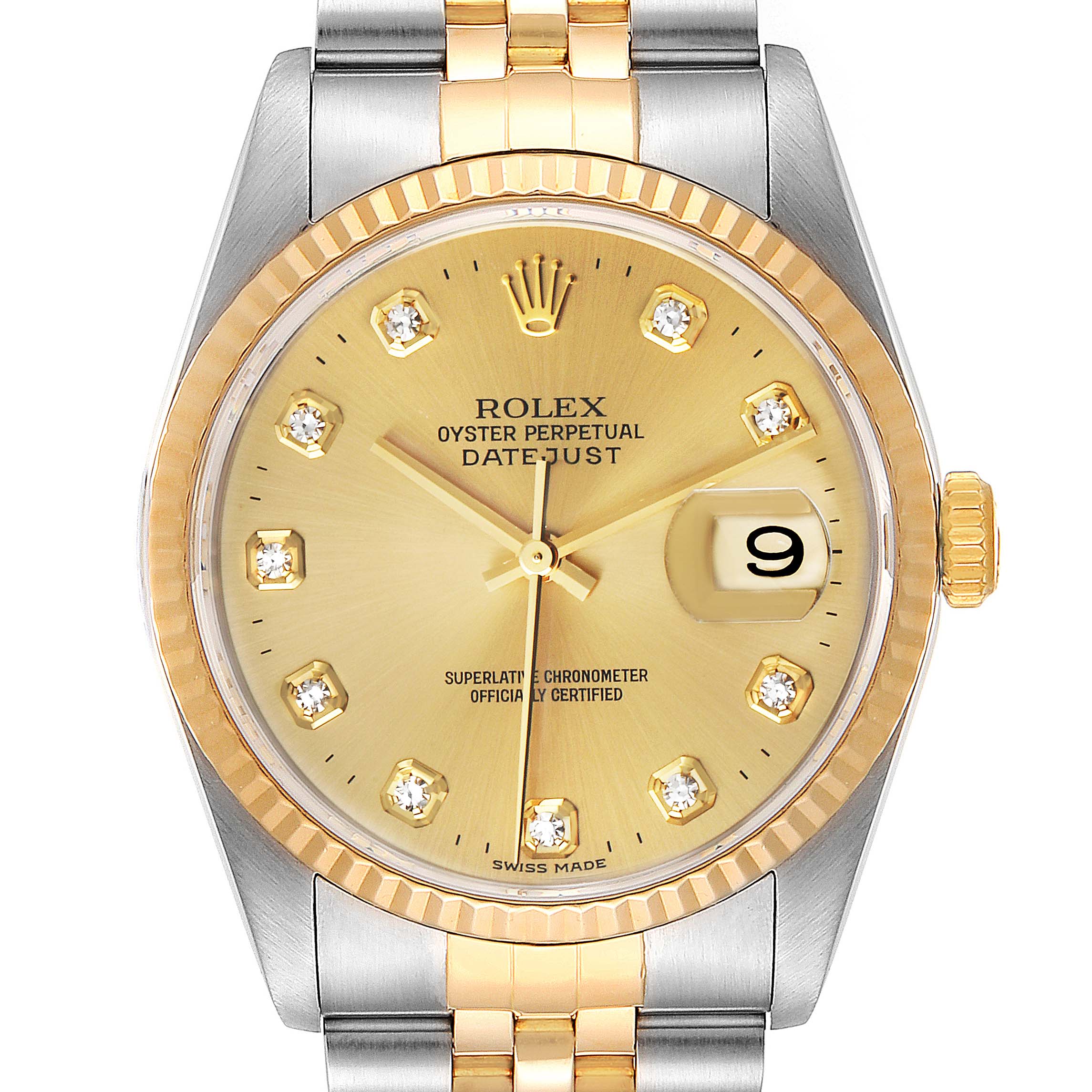 The image shows the face and top part of the two-tone Rolex Datejust 16233 Men's Steel and Gold (two tone) Champagne Dial 16233 Men's Steel and Gold (two tone) Champagne Dial watch with a gold dial and diamond hour markers.
