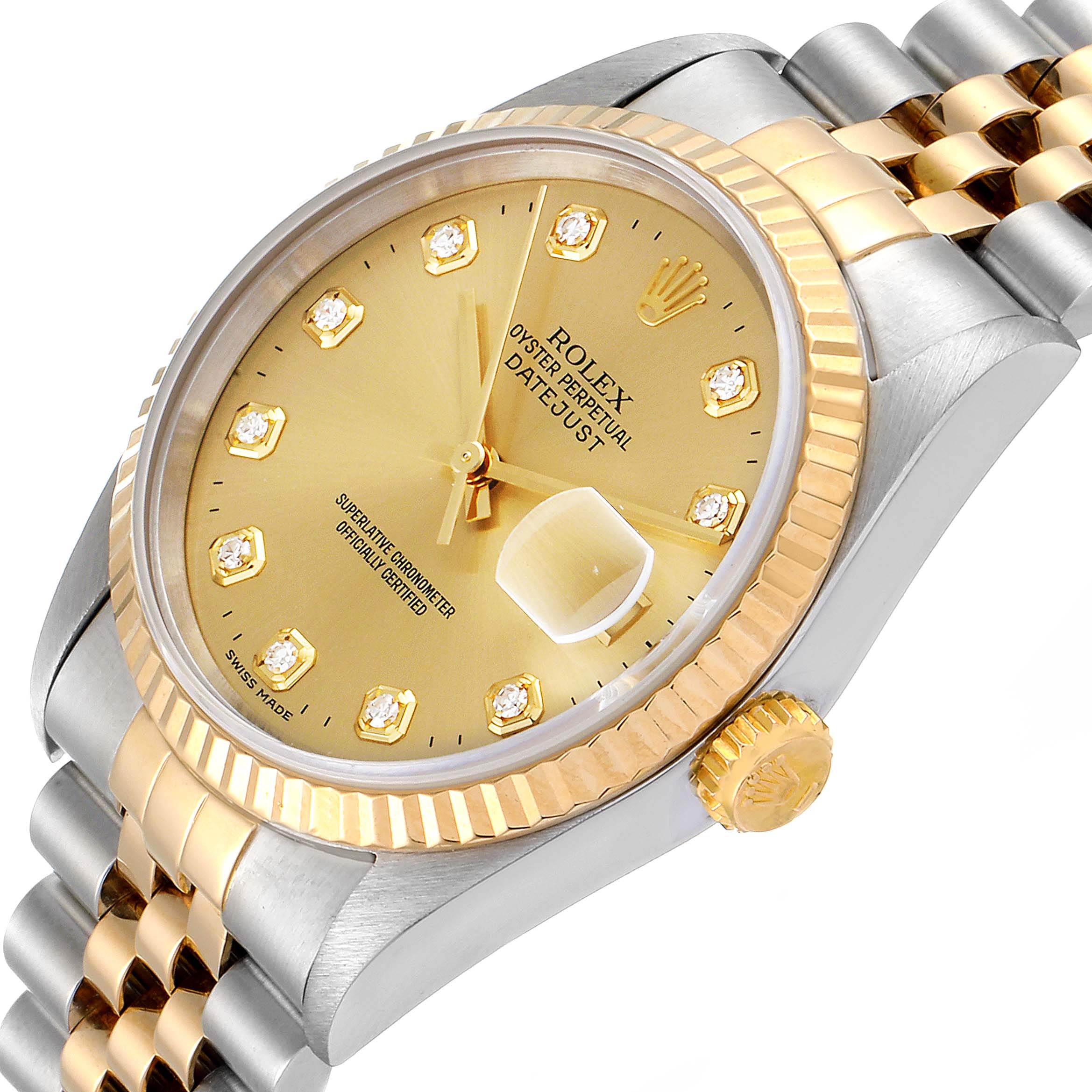 This Rolex Datejust 16233 Men's Steel and Gold (two tone) Champagne Dial 16233 Men's Steel and Gold (two tone) Champagne Dial watch is shown at an angled close-up, highlighting its gold dial, fluted bezel, and two-tone Jubilee bracelet.