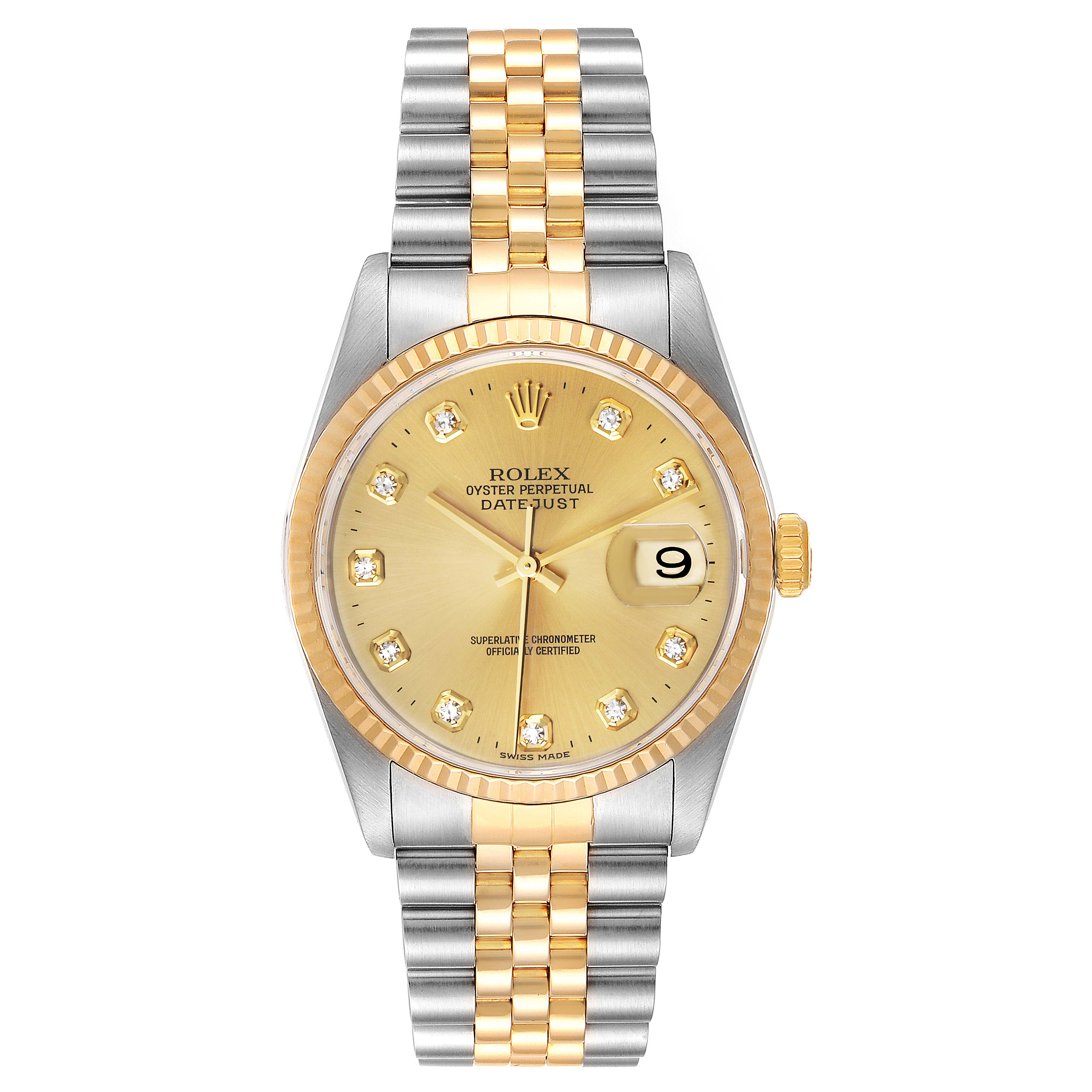 This image shows a Rolex Datejust 16233 Men's Steel and Gold (two tone) Champagne Dial 16233 Men's Steel and Gold (two tone) Champagne Dial watch from a top-down angle, showcasing the dial, bezel, crown, and bracelet.