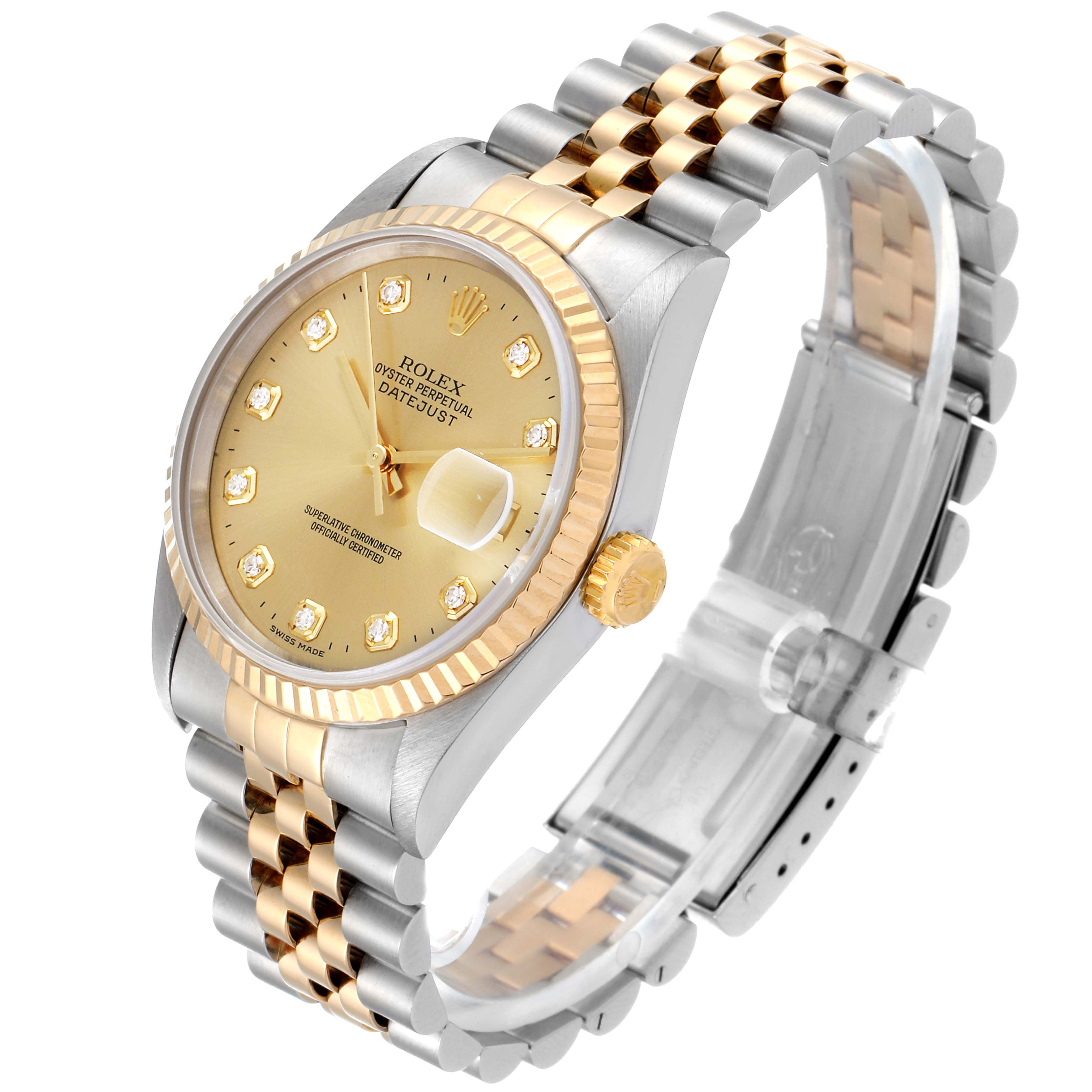 The Rolex Datejust 16233 Men's Steel and Gold (two tone) Champagne Dial 16233 Men's Steel and Gold (two tone) Champagne Dial watch is shown at a slight angle, displaying its gold and silver bracelet, dial, bezel, and crown.