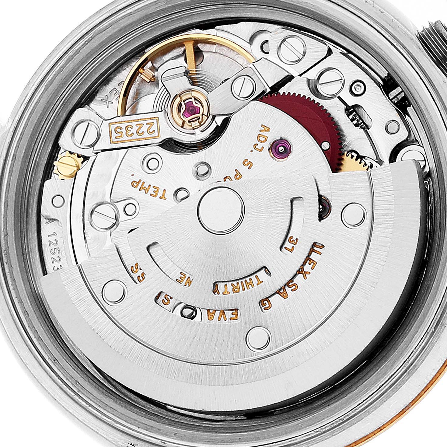 This image shows a close-up view of the movement mechanism inside a Rolex Datejust 79173 Women's Steel and Gold (two tone) Beige Dial 79173 Women's Steel and Gold (two tone) Beige Dial watch.