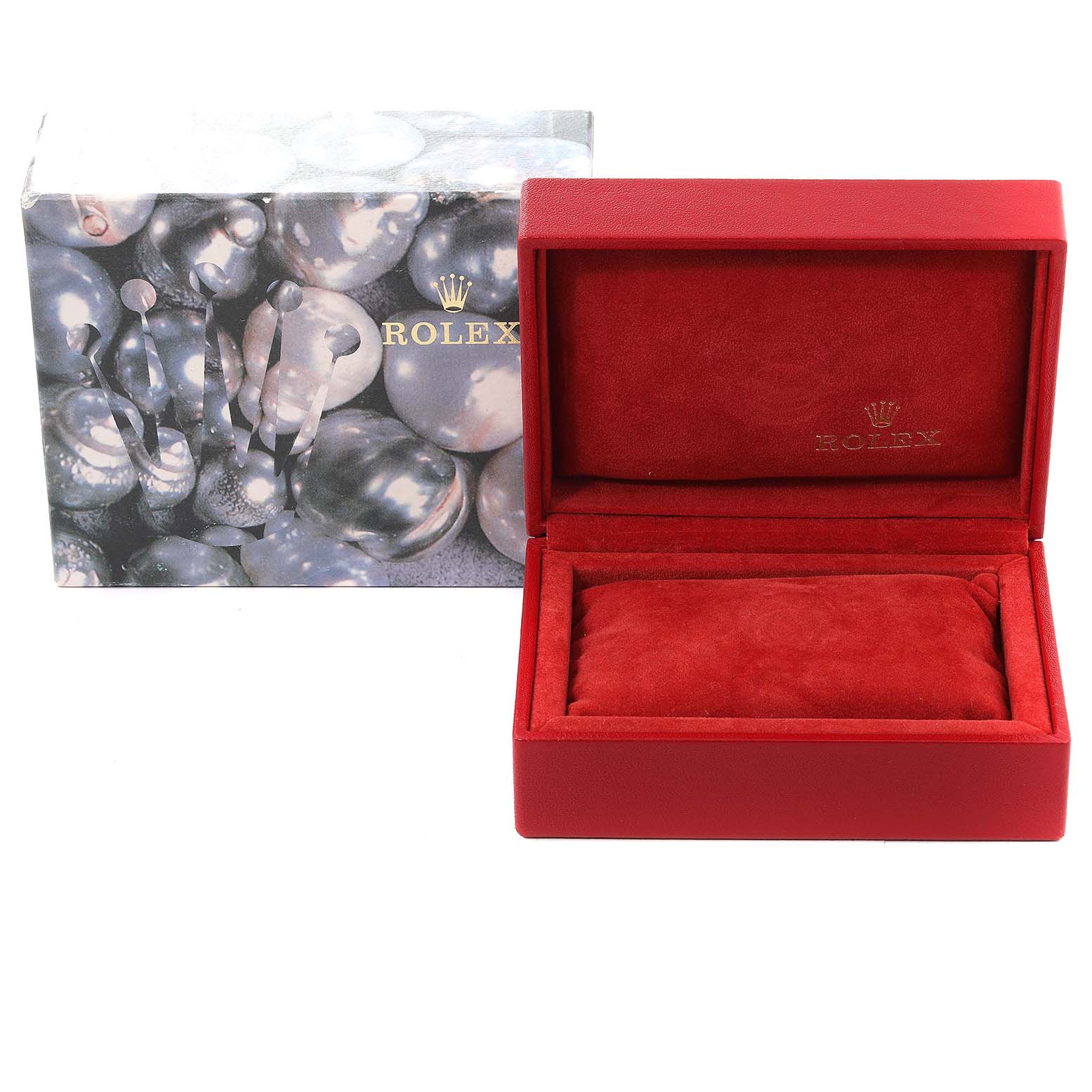 The image shows an empty Rolex Datejust 79173 Women's Steel and Gold (two tone) Beige Dial 79173 Women's Steel and Gold (two tone) Beige Dial watch box with a red velvet interior and its outer packaging.