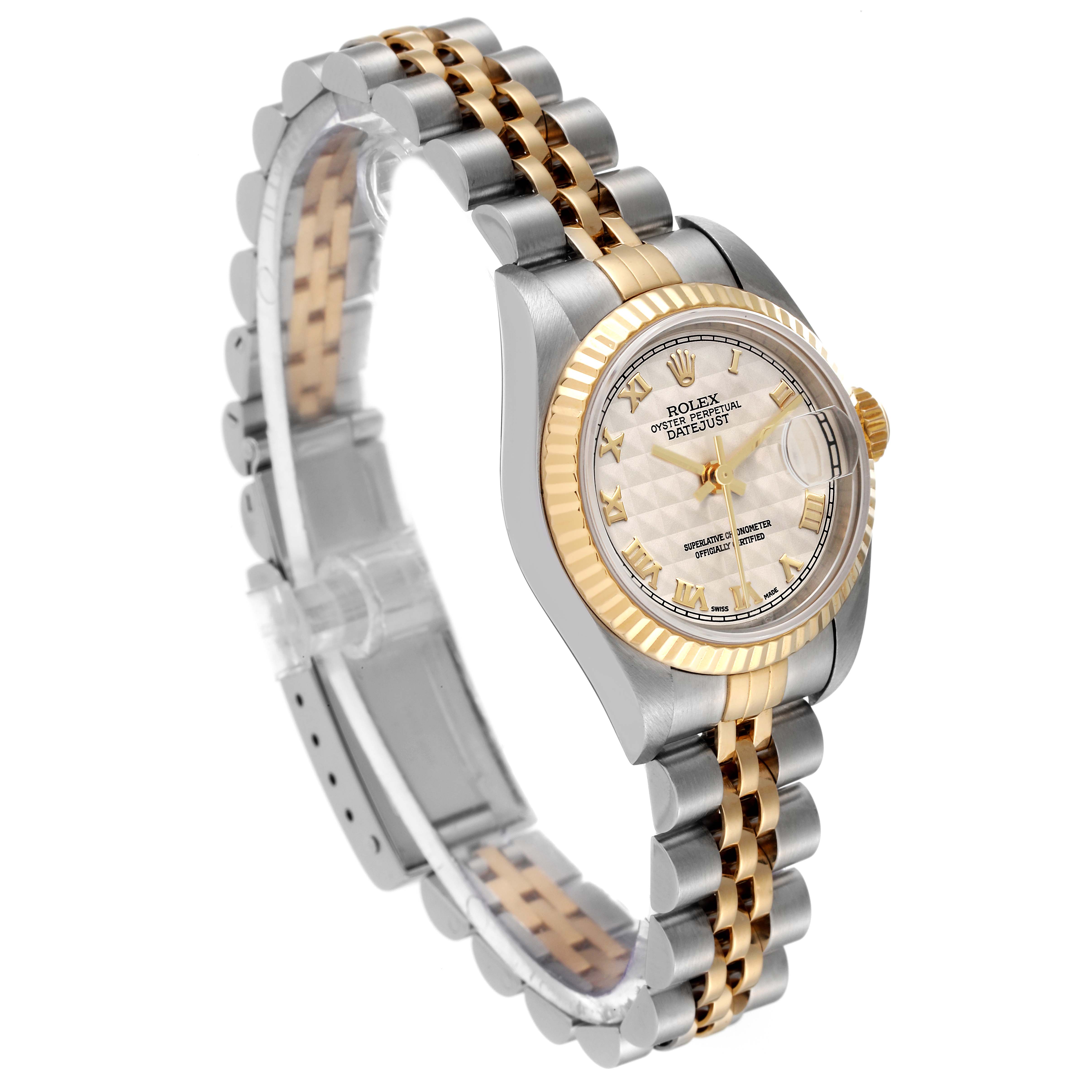 This image shows a side angle of the Rolex Datejust 79173 Women's Steel and Gold (two tone) Beige Dial 79173 Women's Steel and Gold (two tone) Beige Dial watch, highlighting the dial, bezel, and two-tone bracelet.