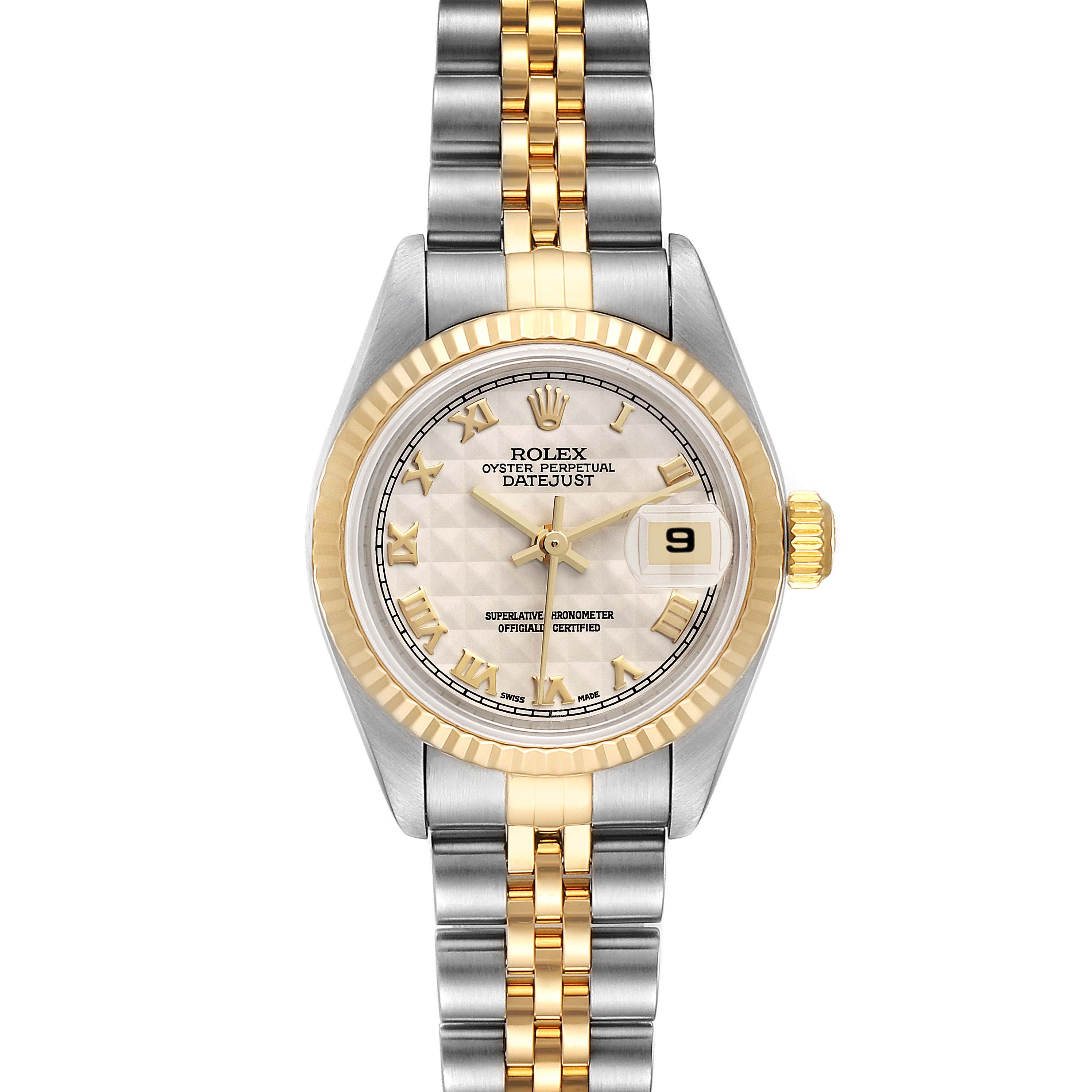 The image shows a frontal view of a Rolex Datejust 79173 Women's Steel and Gold (two tone) Beige Dial 79173 Women's Steel and Gold (two tone) Beige Dial watch, highlighting its face, bezel, crown, and two-tone bracelet.