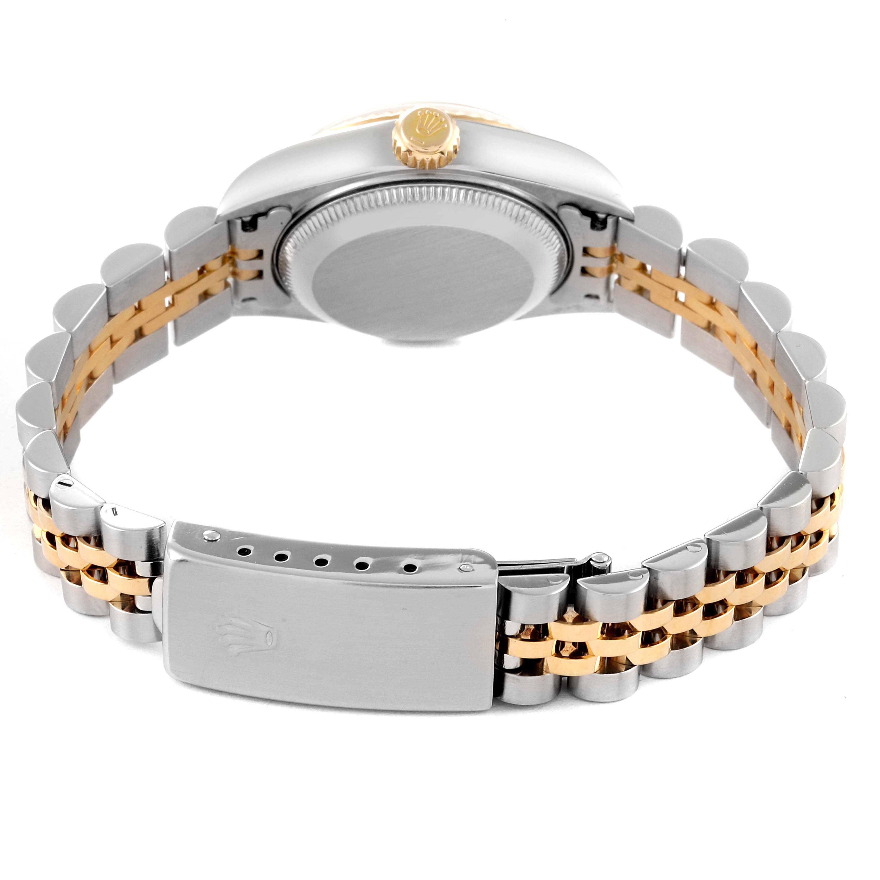 The image shows the back view of a Rolex Datejust 79173 Women's Steel and Gold (two tone) Beige Dial 79173 Women's Steel and Gold (two tone) Beige Dial watch, focusing on its bracelet and clasp.