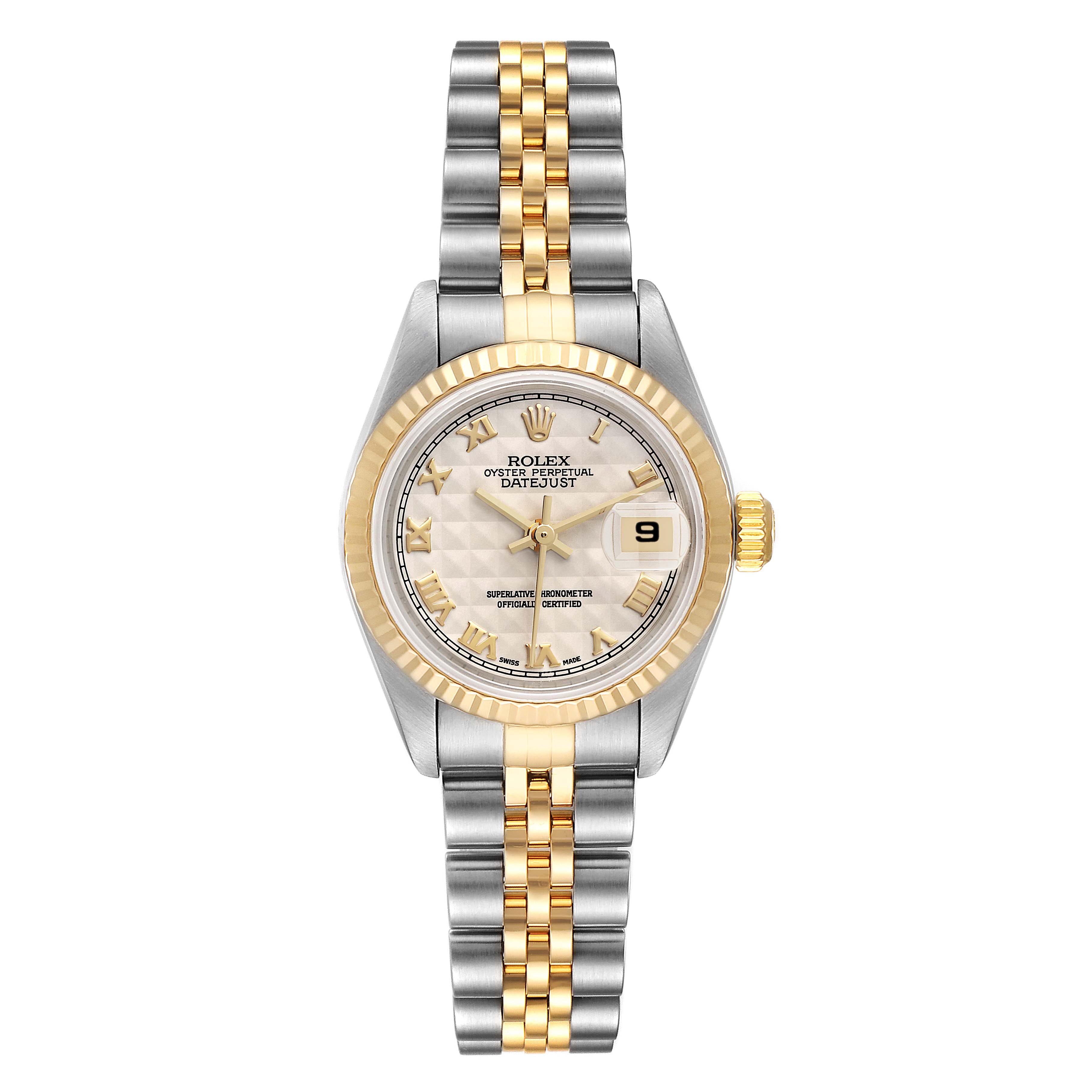 This is a front view of a Rolex Datejust 79173 Women's Steel and Gold (two tone) Beige Dial 79173 Women's Steel and Gold (two tone) Beige Dial watch, showcasing the dial, bezel, and two-tone metal bracelet.