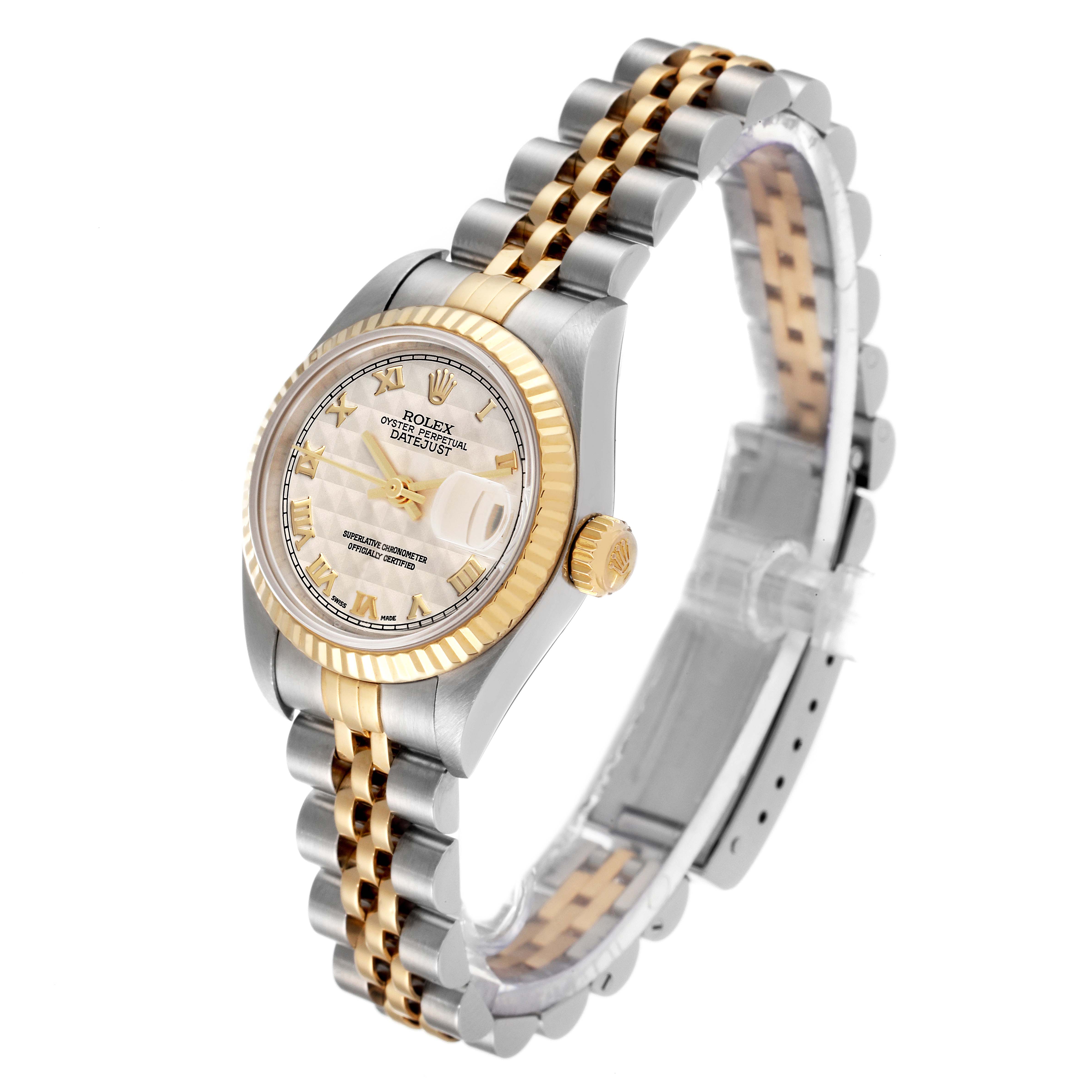 The image shows a Rolex Datejust 79173 Women's Steel and Gold (two tone) Beige Dial 79173 Women's Steel and Gold (two tone) Beige Dial watch at a three-quarter angle, highlighting the bracelet, bezel, and dial.