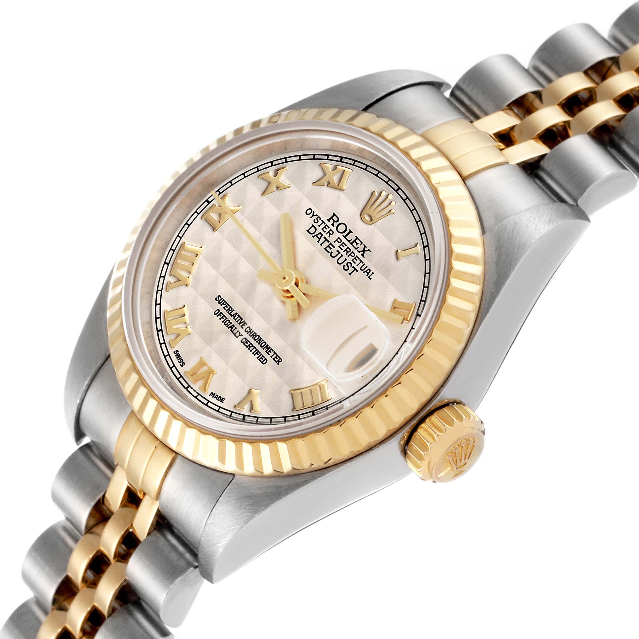 The image shows a Rolex Datejust 79173 Women's Steel and Gold (two tone) Beige Dial 79173 Women's Steel and Gold (two tone) Beige Dial watch from an angled side view, highlighting its dial, fluted bezel, and two-tone bracelet.