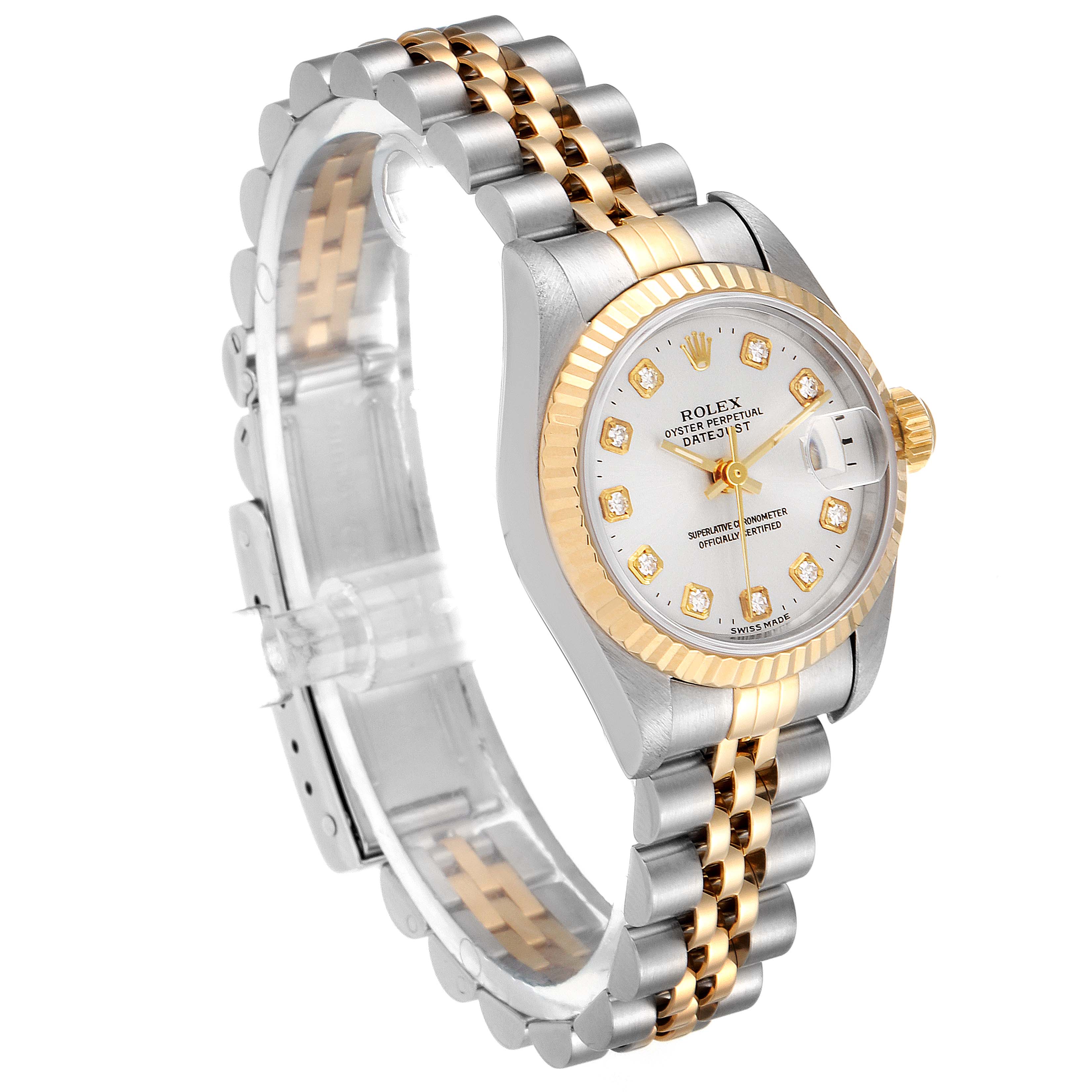 This image shows a Rolex Datejust 69173 Women's Steel and Gold (two tone) Silver Dial 69173 Women's Steel and Gold (two tone) Silver Dial watch from a three-quarter angle, highlighting its two-tone bracelet, fluted bezel, and diamond hour markers.