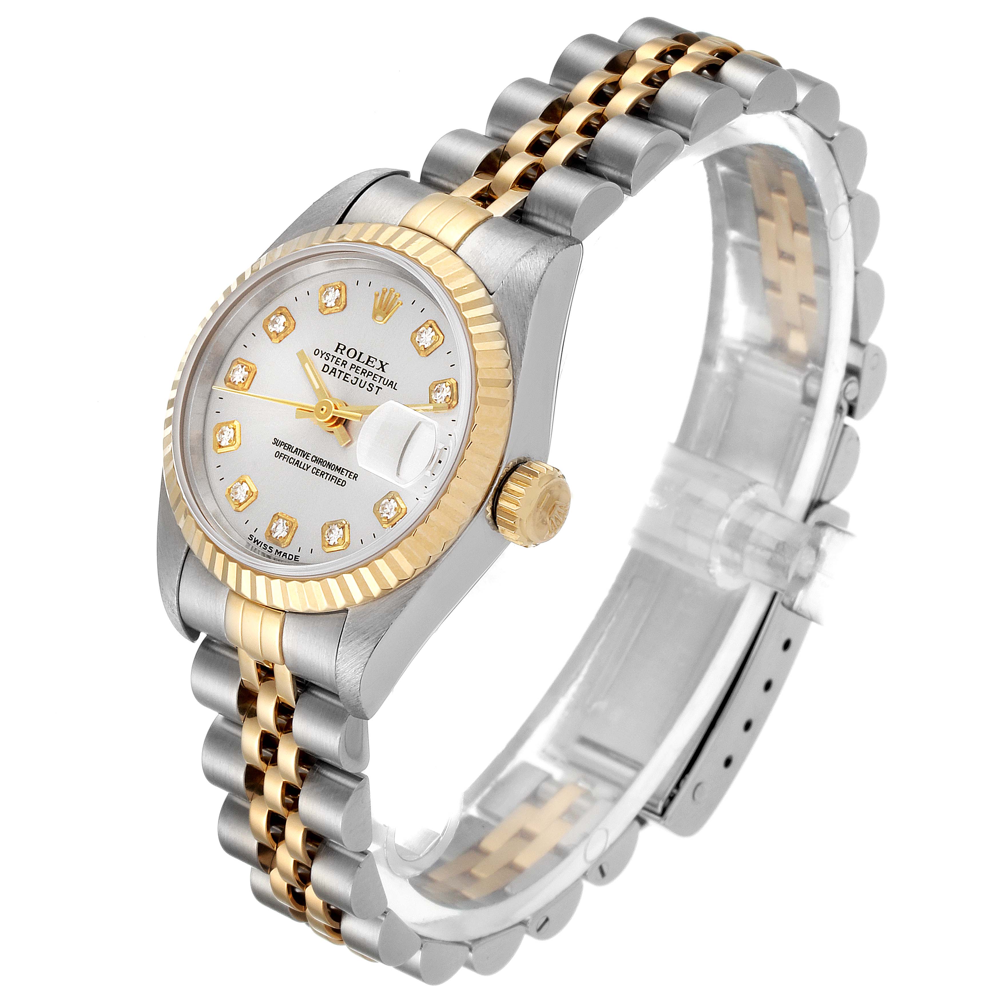 The Rolex Datejust 69173 Women's Steel and Gold (two tone) Silver Dial 69173 Women's Steel and Gold (two tone) Silver Dial watch is shown at a three-quarter angle, highlighting its two-tone bracelet, bezel, and face.