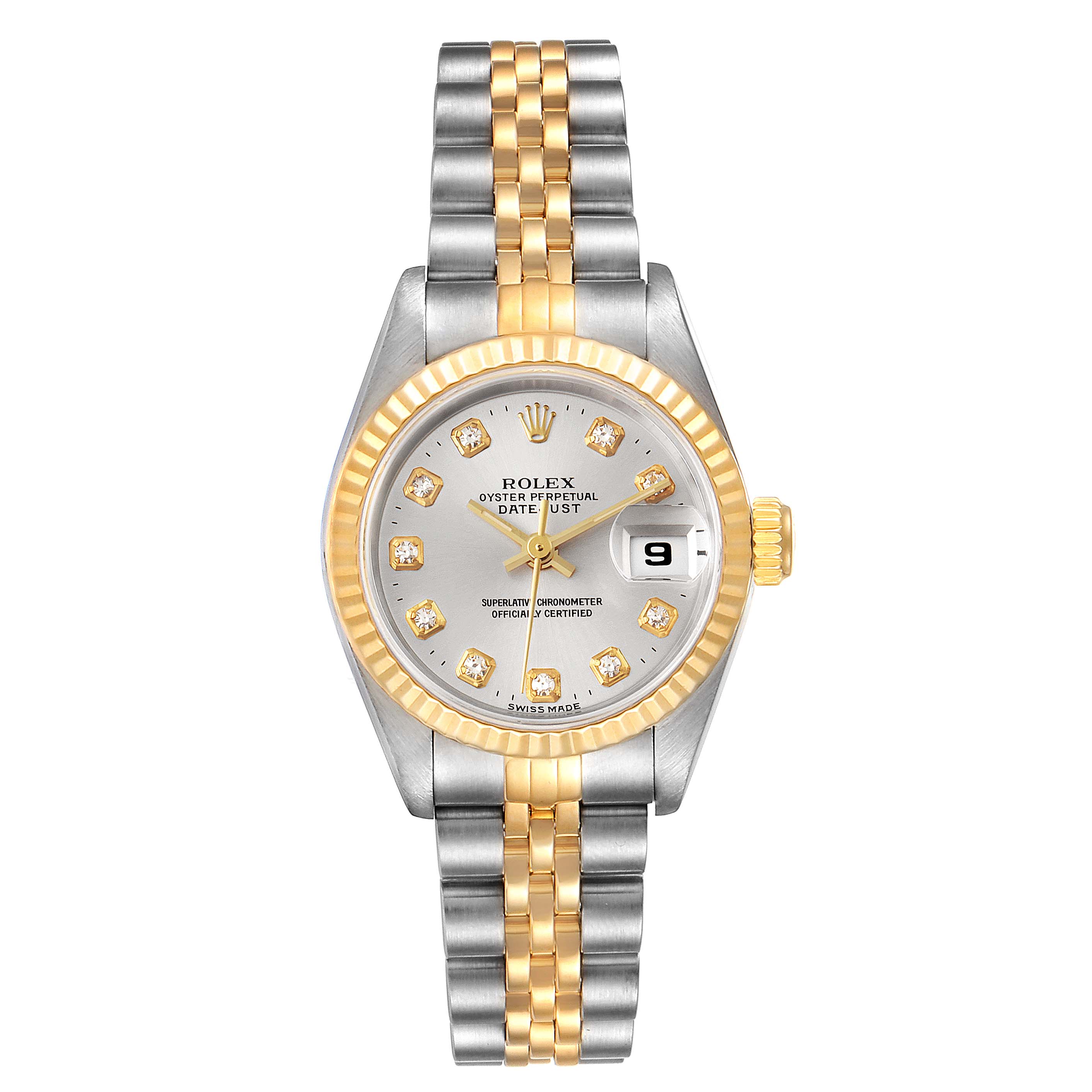 The image shows a front view of a Rolex Datejust 69173 Women's Steel and Gold (two tone) Silver Dial 69173 Women's Steel and Gold (two tone) Silver Dial watch, displaying its bezel, dial, hands, and two-tone bracelet.