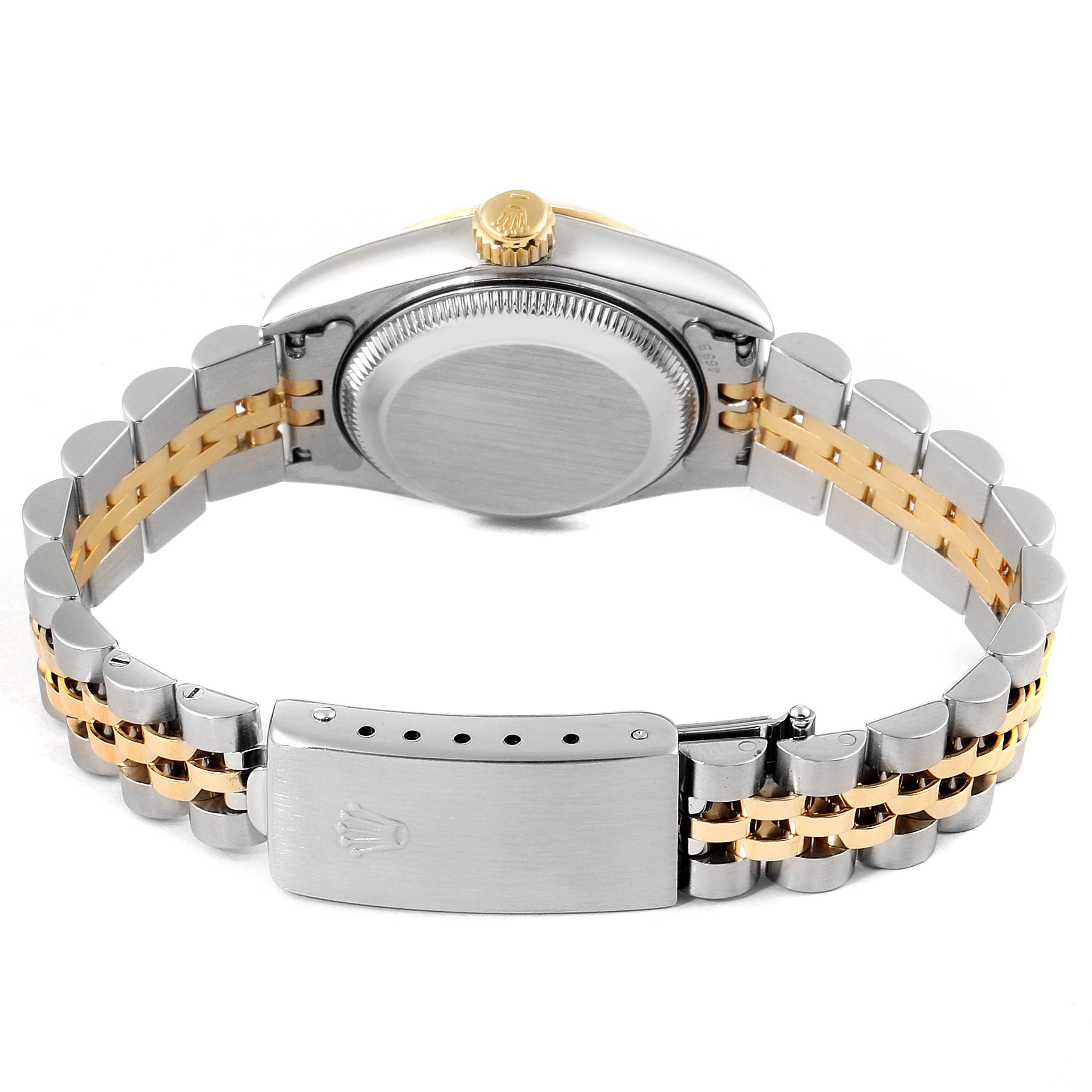 The image shows the back view of a Rolex Datejust 69173 Women's Steel and Gold (two tone) Silver Dial 69173 Women's Steel and Gold (two tone) Silver Dial watch, highlighting its two-tone bracelet, clasp, and case back.