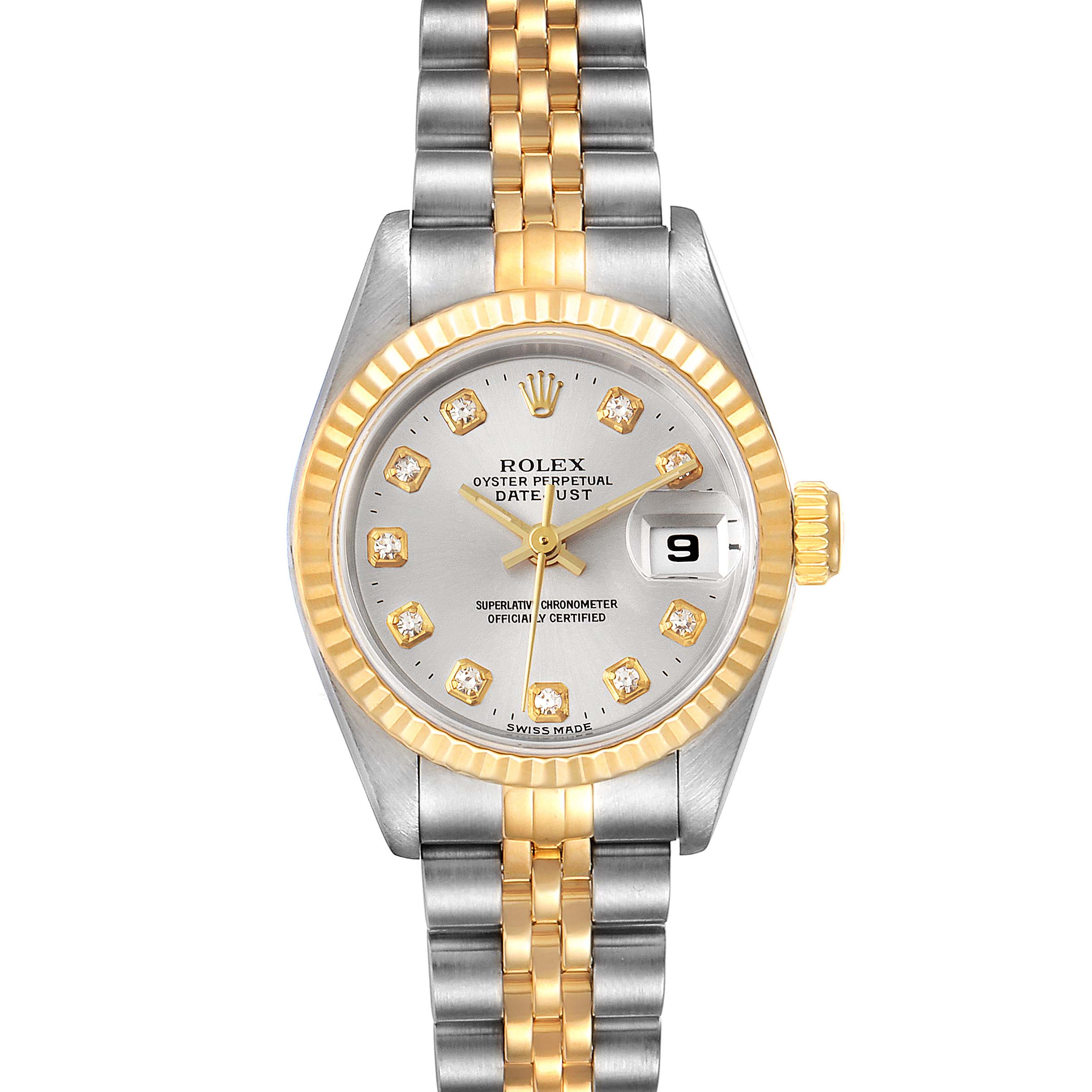 The image shows a Rolex Datejust 69173 Women's Steel and Gold (two tone) Silver Dial 69173 Women's Steel and Gold (two tone) Silver Dial watch from a front angle, highlighting its dial, bezel, crown, and two-tone bracelet.
