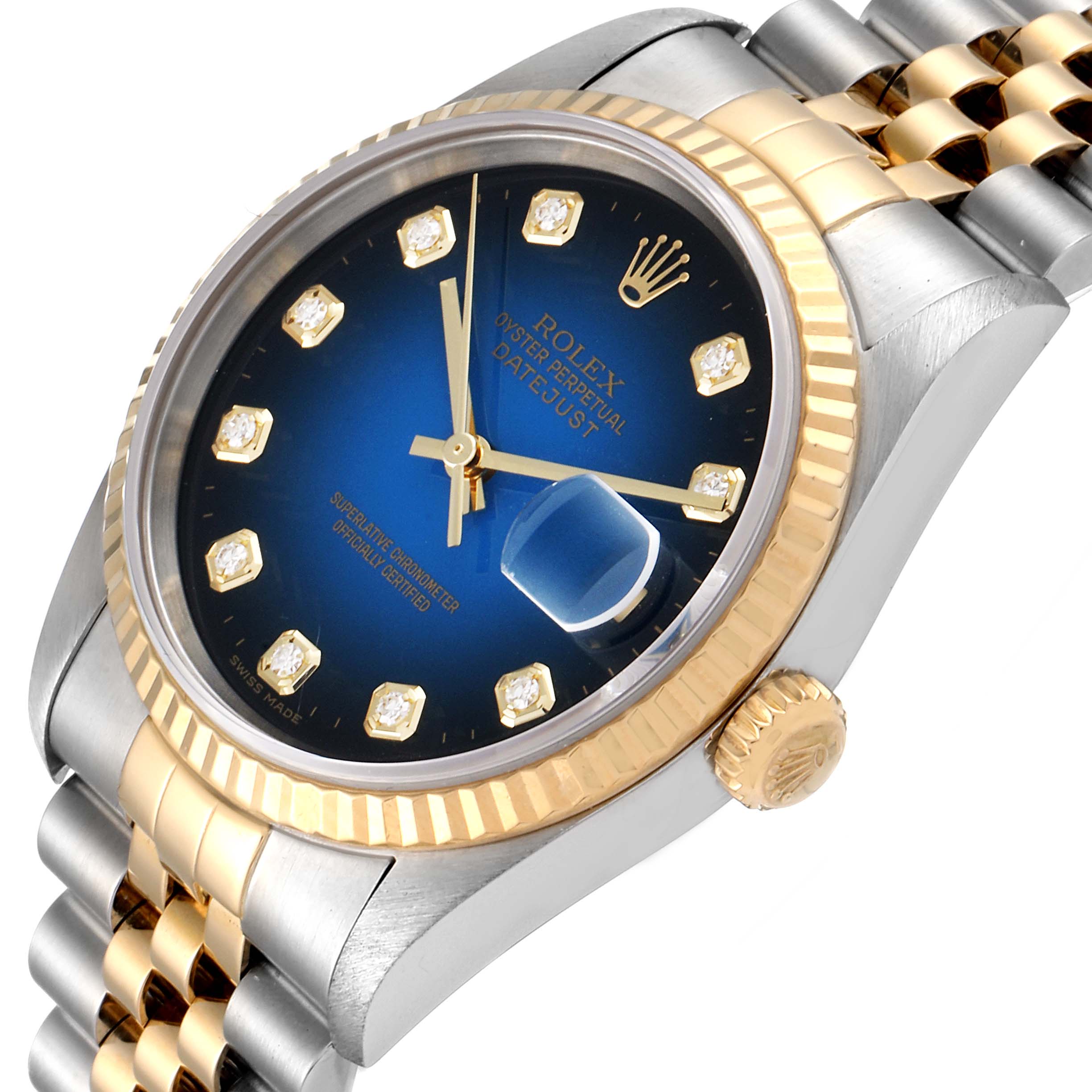 The image shows a detailed angled view of the dial, bezel, crown, and part of the bracelet of a Rolex Datejust 16233 Men's Steel and Gold (two tone) Blue Dial 16233 Men's Steel and Gold (two tone) Blue Dial watch.