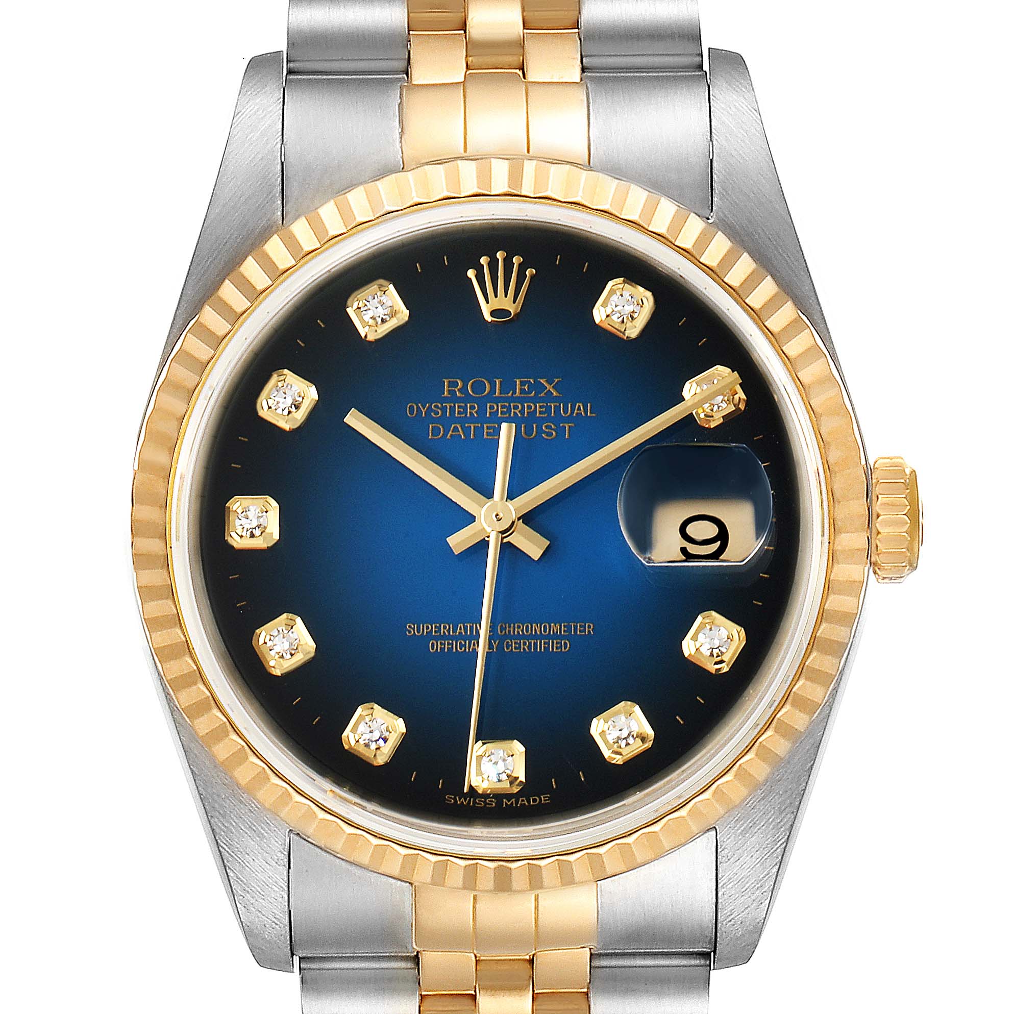 The image shows a frontal view of a Rolex Datejust 16233 Men's Steel and Gold (two tone) Blue Dial 16233 Men's Steel and Gold (two tone) Blue Dial watch, highlighting its dial, bezel, hands, crown, and bracelet.