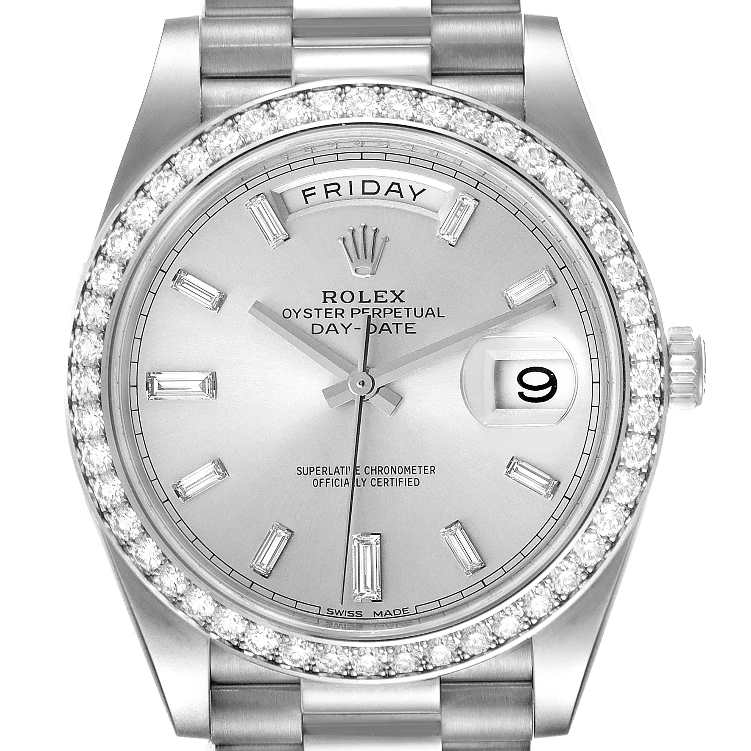The Rolex President 228349 Men
s White Gold Silver Dial 228349 Men
s White Gold Silver Dial Oyster Perpetual Day-Date watch is shown from the front, featuring a diamond bezel, day and date windows, and stick hour markers.