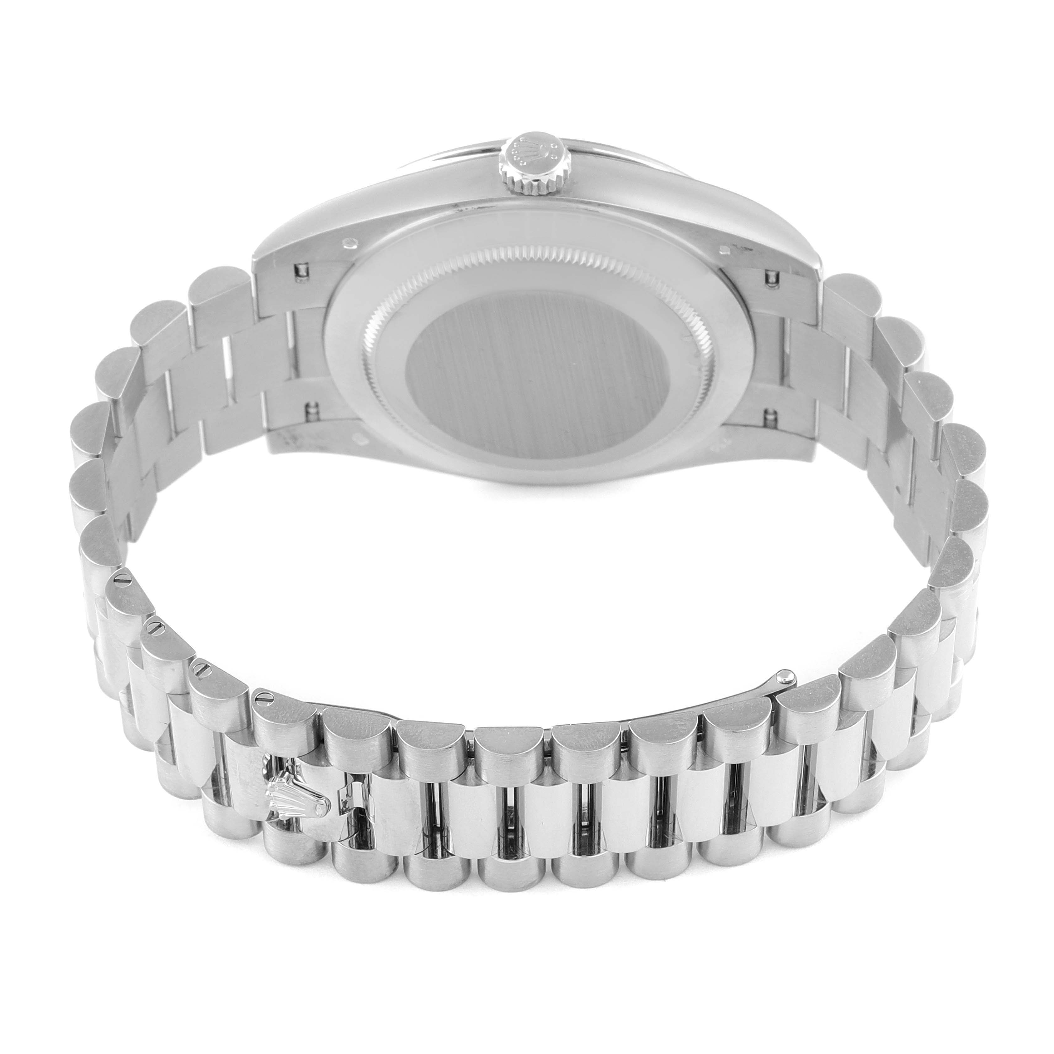 The image shows the back case and bracelet of a Rolex President 228349 Men
s White Gold Silver Dial 228349 Men
s White Gold Silver Dial model watch, photographed from the rear angle.