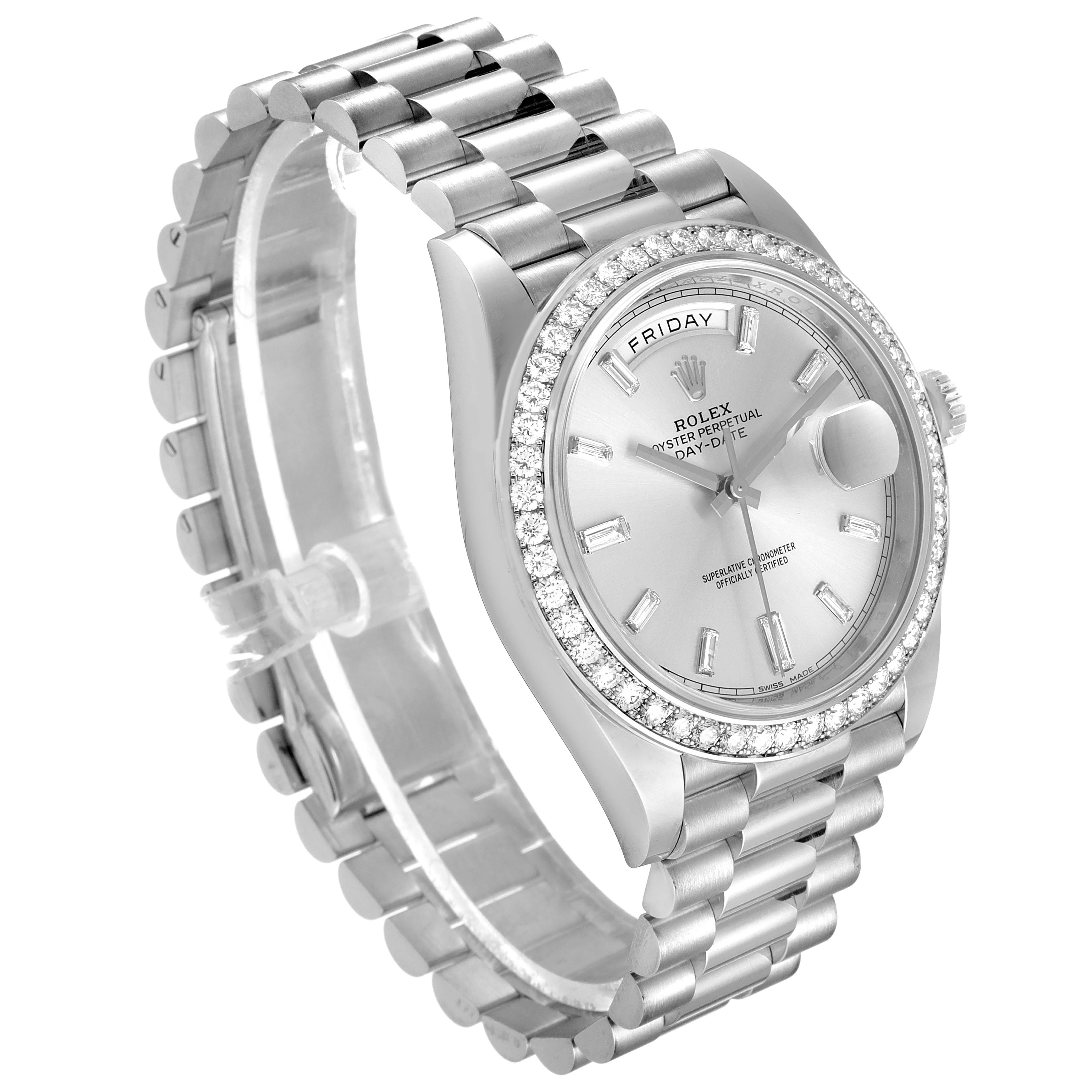The image shows a Rolex President 228349 Men
s White Gold Silver Dial 228349 Men
s White Gold Silver Dial model watch from an angled side view, highlighting the bracelet, dial, and diamond-encrusted bezel.