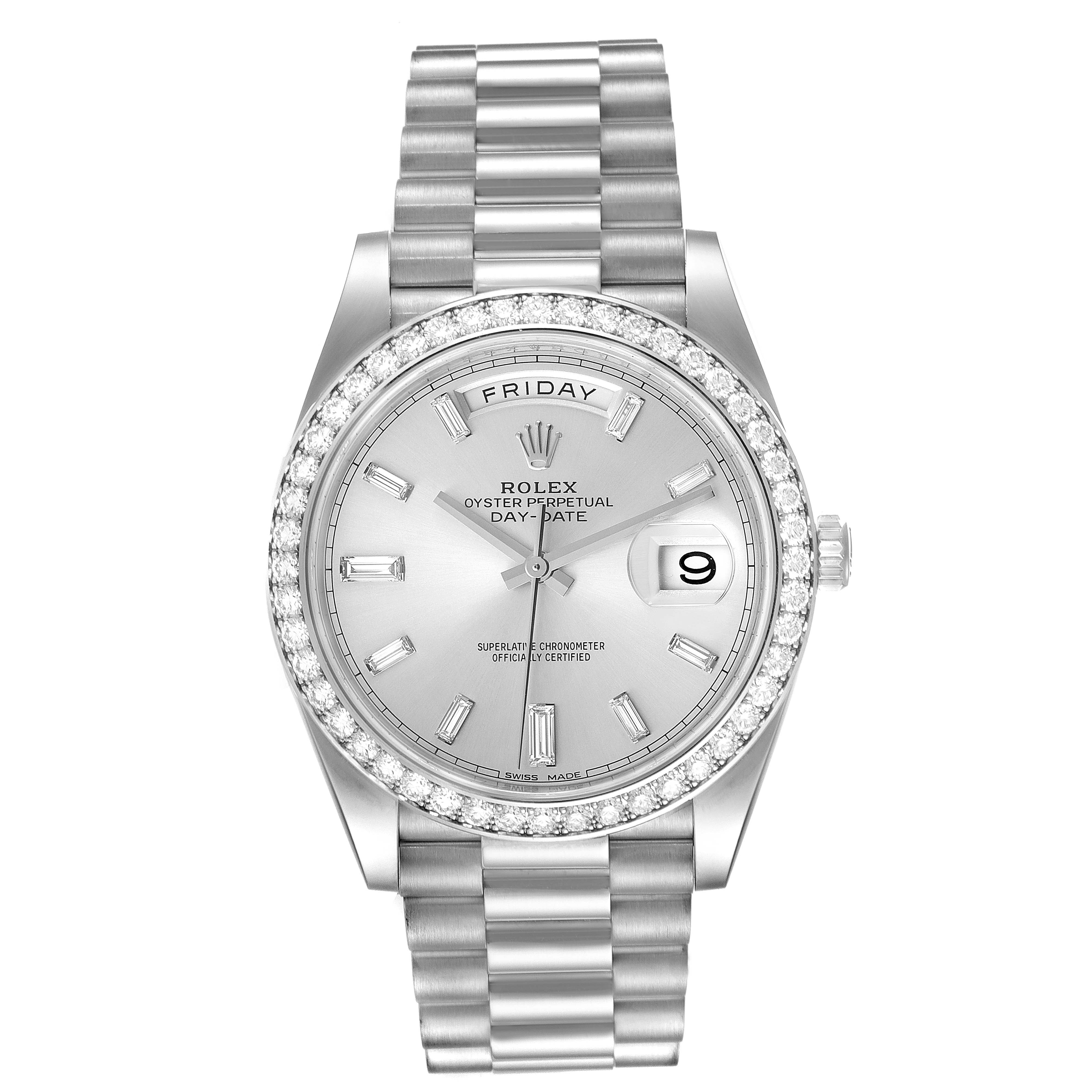 This image shows a Rolex President 228349 Men
s White Gold Silver Dial 228349 Men
s White Gold Silver Dial model watch from a straight-on angle, displaying its bracelet, dial, and diamond-encrusted bezel.