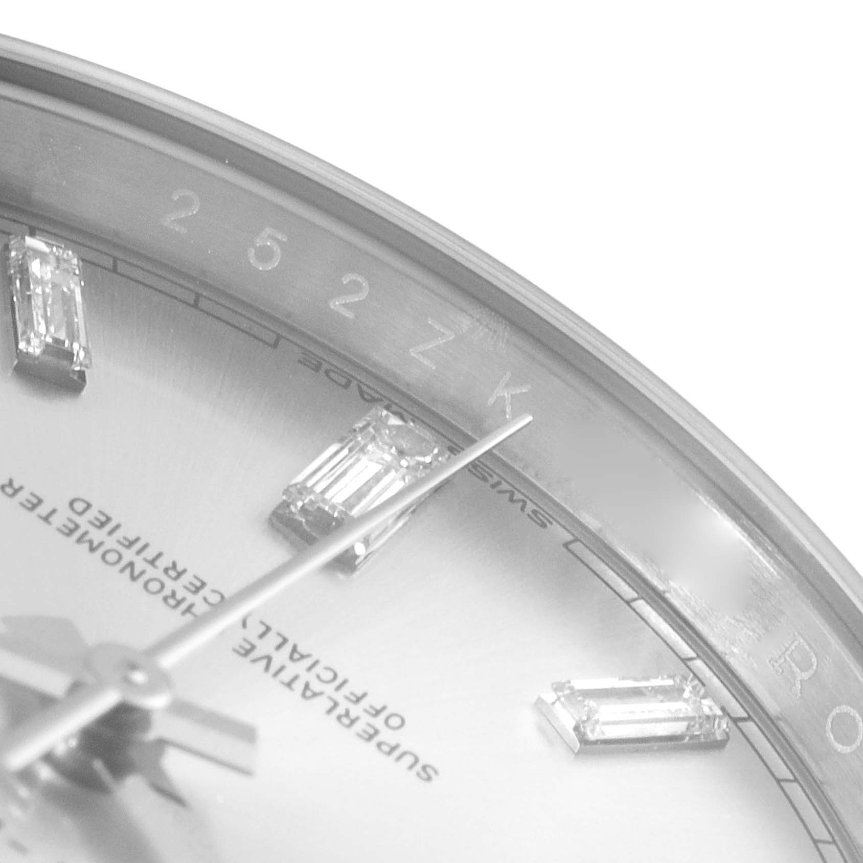 This image shows a close-up of the dial and indices of a Rolex President 228349 Men
s White Gold Silver Dial 228349 Men
s White Gold Silver Dial model watch.