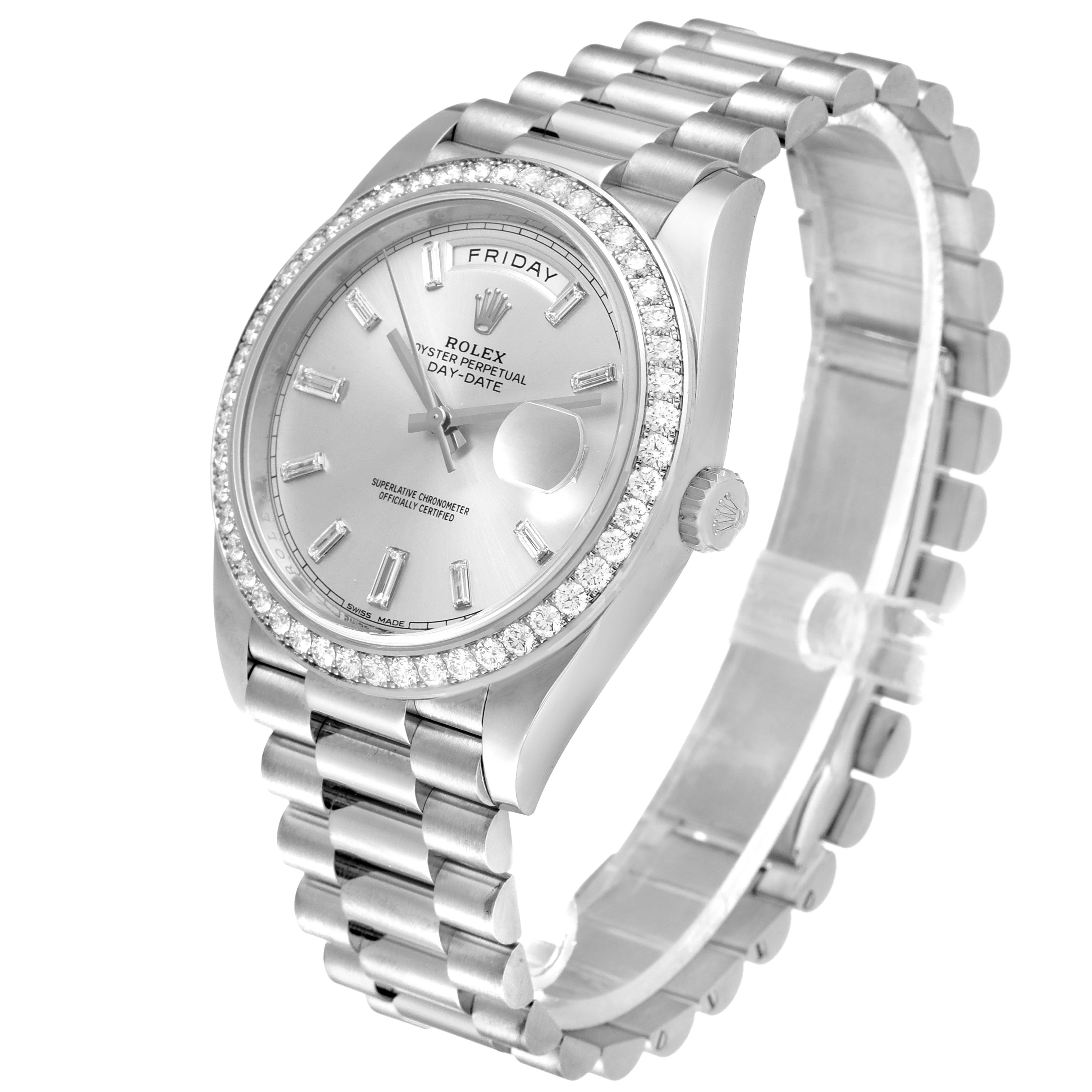 The image shows a Rolex President 228349 Men
s White Gold Silver Dial 228349 Men
s White Gold Silver Dial model watch at a slight angle, with a clear view of its face, bezel, and bracelet.