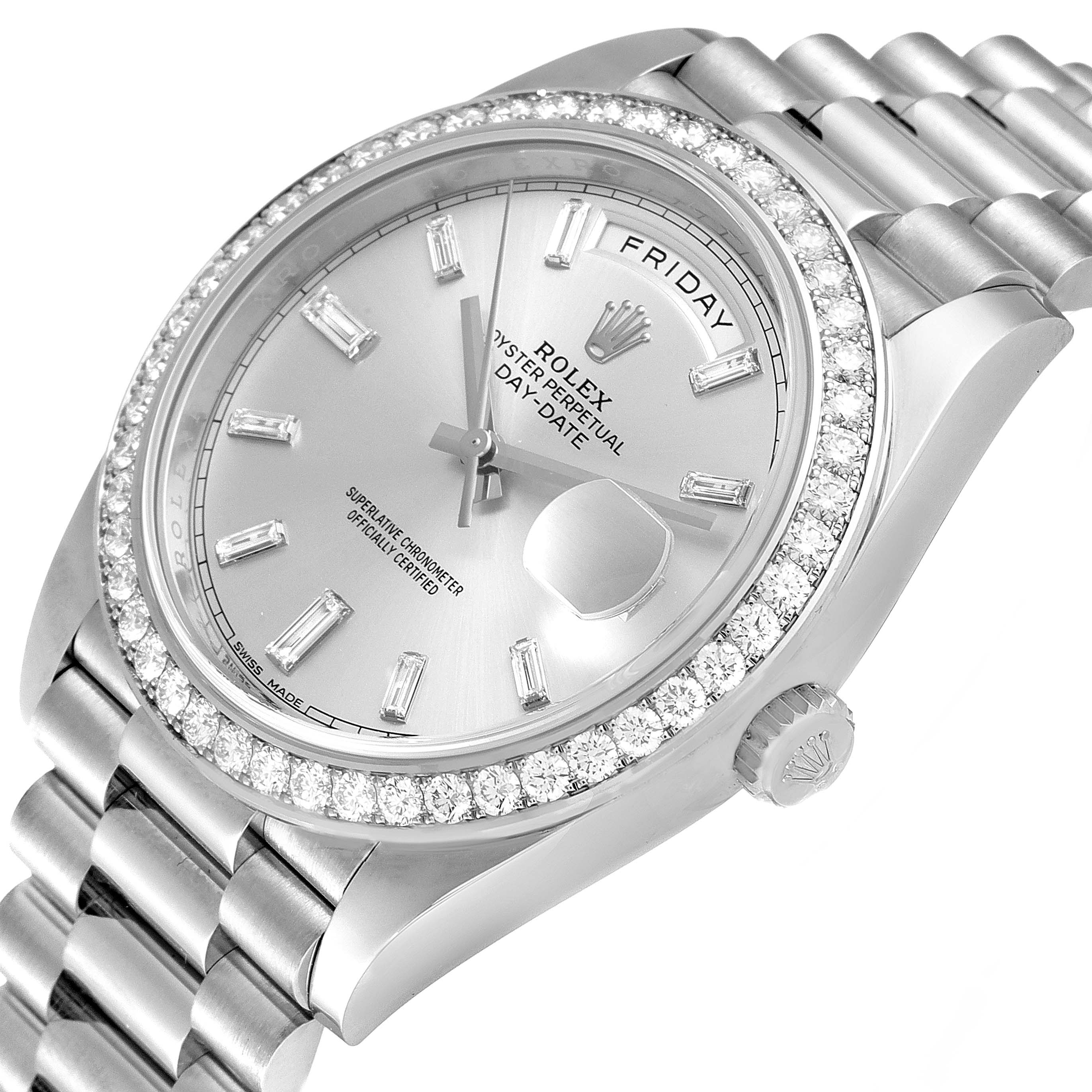 The image shows a close-up, angled view of the Rolex President 228349 Men
s White Gold Silver Dial 228349 Men
s White Gold Silver Dial model watch, highlighting the dial, bezel, crown, and bracelet.