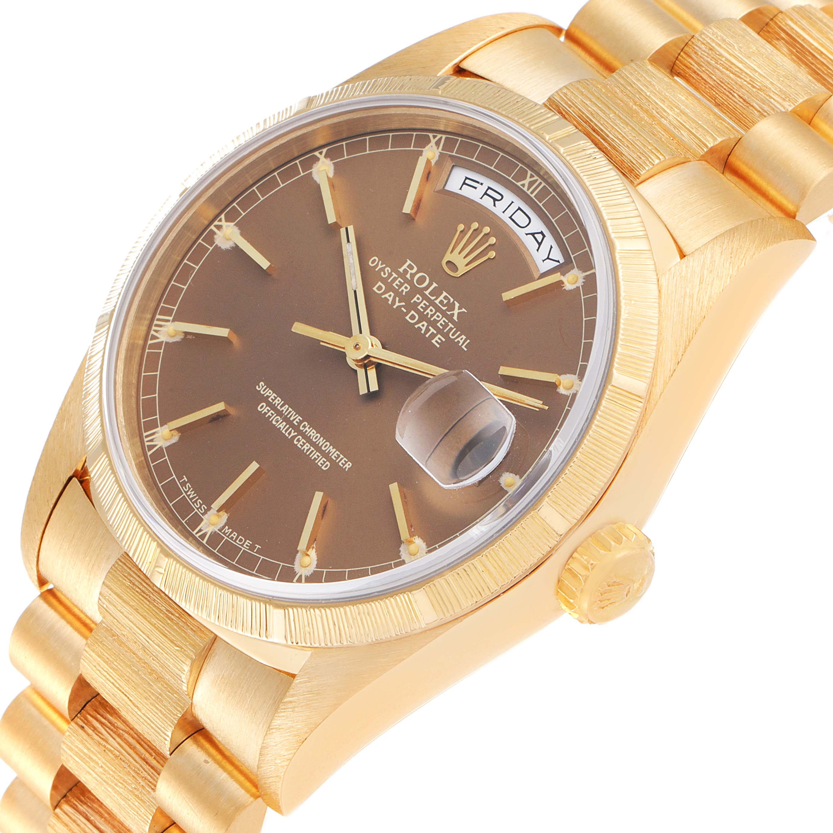 The image shows a close-up angled view of the Rolex President 18248 Men
s Yellow Gold Champagne Dial 18248 Men
s Yellow Gold Champagne Dial model, highlighting the dial, crown, and part of the bracelet.