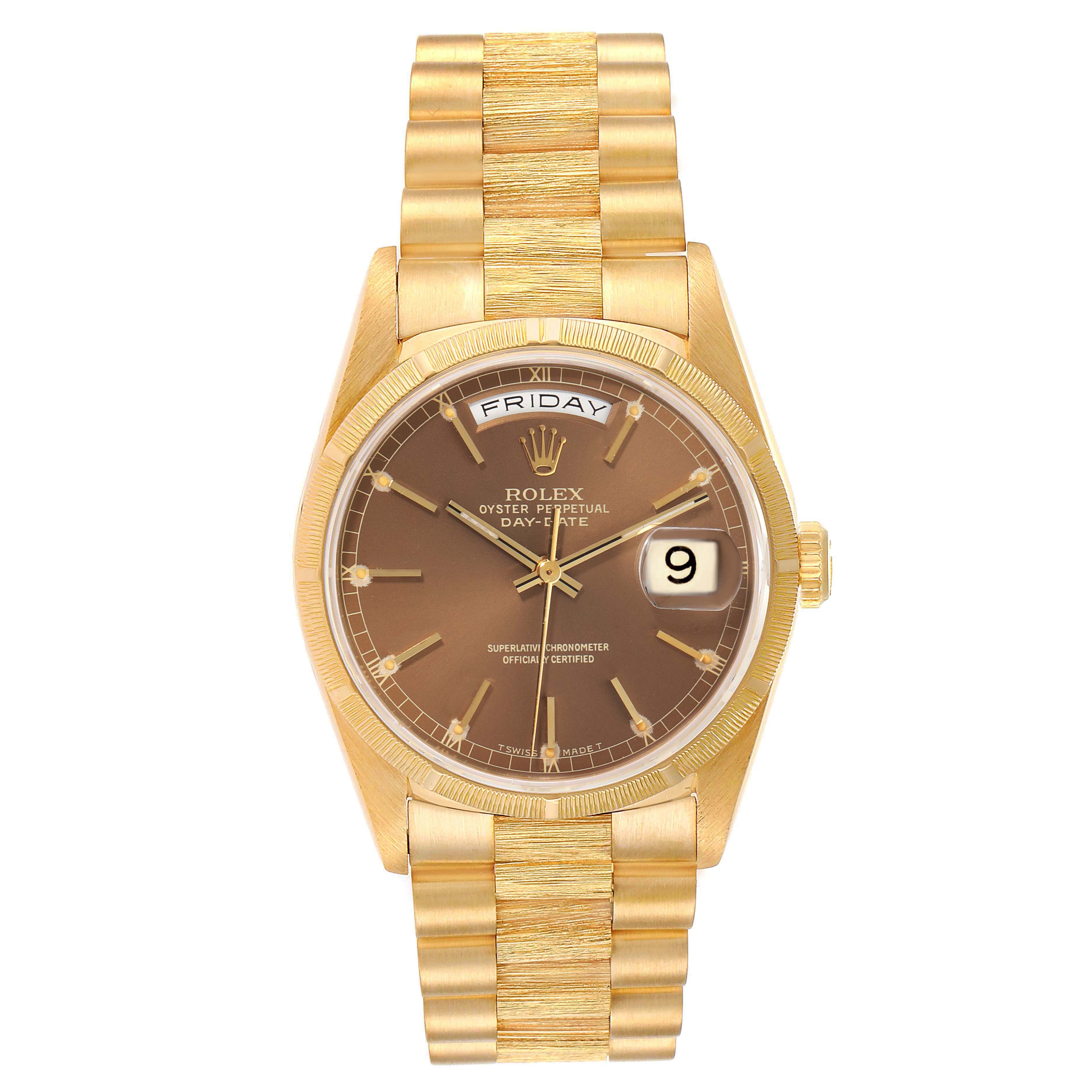 This is a frontal view of the Rolex President 18248 Men
s Yellow Gold Champagne Dial 18248 Men
s Yellow Gold Champagne Dial model watch, showing the dial, bracelet, and day-date display.