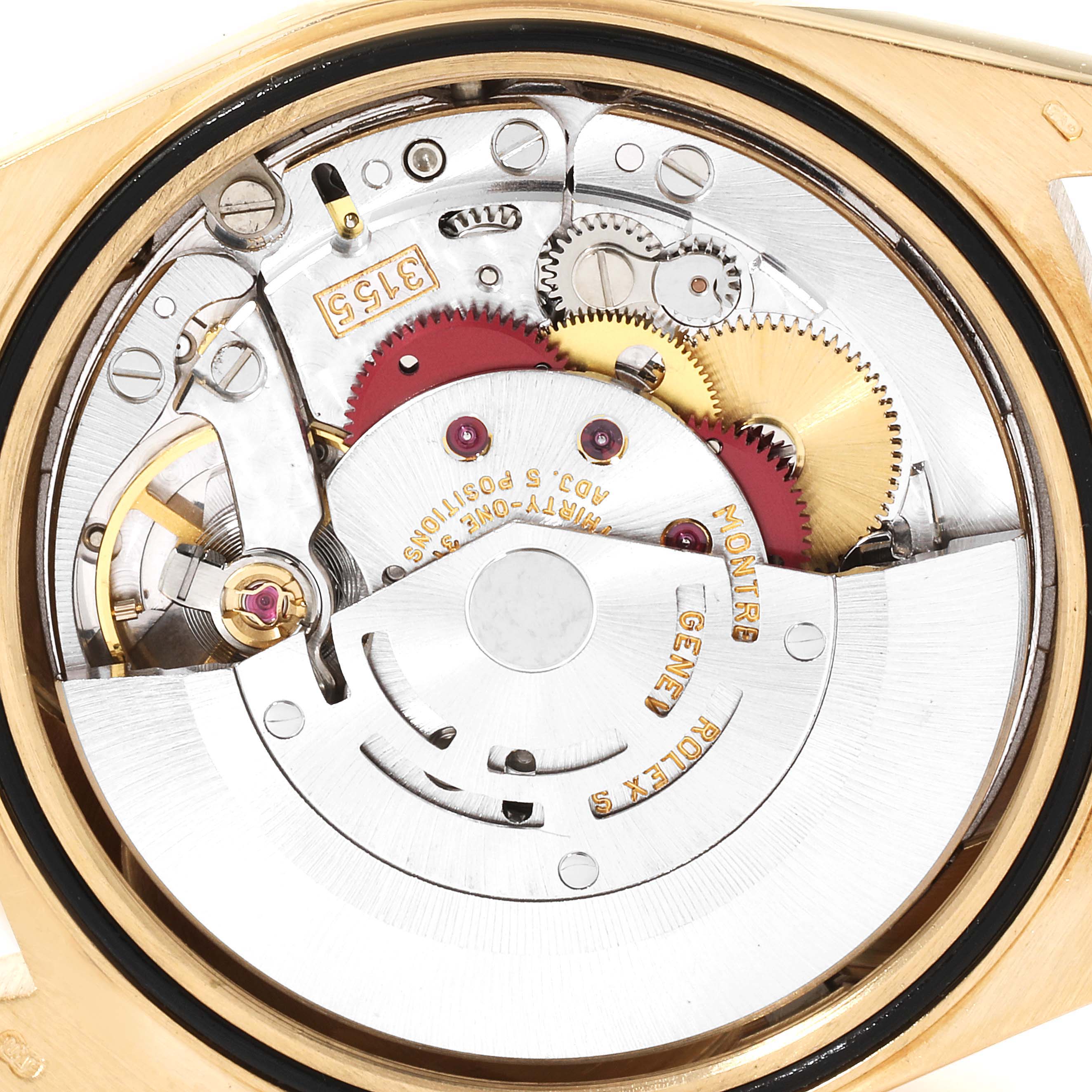 The image shows the inner mechanics and movement parts of a Rolex President 18248 Men
s Yellow Gold Champagne Dial 18248 Men
s Yellow Gold Champagne Dial model watch from a top-down angle.