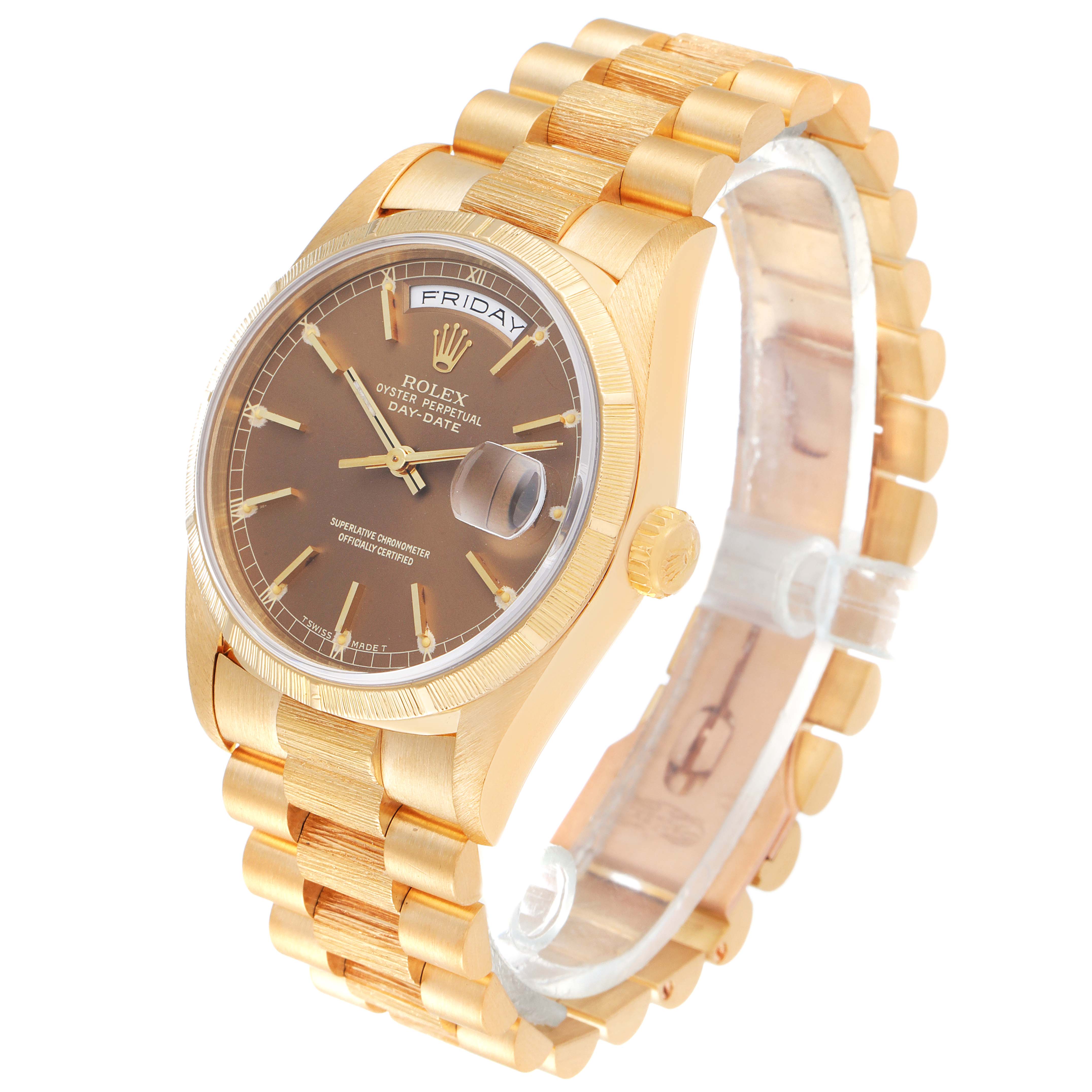 The Rolex President 18248 Men
s Yellow Gold Champagne Dial 18248 Men
s Yellow Gold Champagne Dial model watch is shown at an oblique angle, highlighting the dial, bezel, bracelet, and crown.