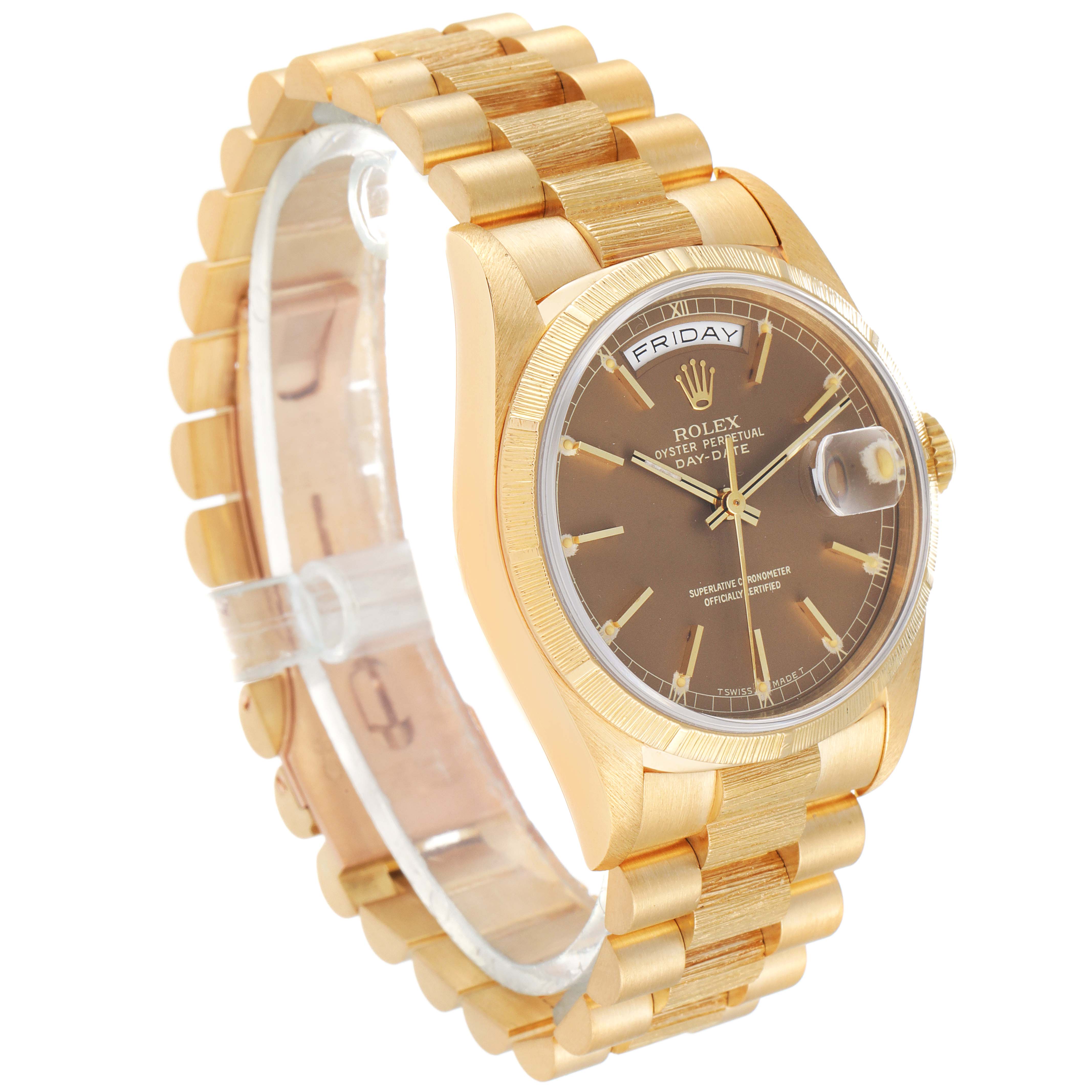 This image shows a Rolex President 18248 Men
s Yellow Gold Champagne Dial 18248 Men
s Yellow Gold Champagne Dial model watch at a three-quarter angle, highlighting its gold case, bracelet, and brown dial.