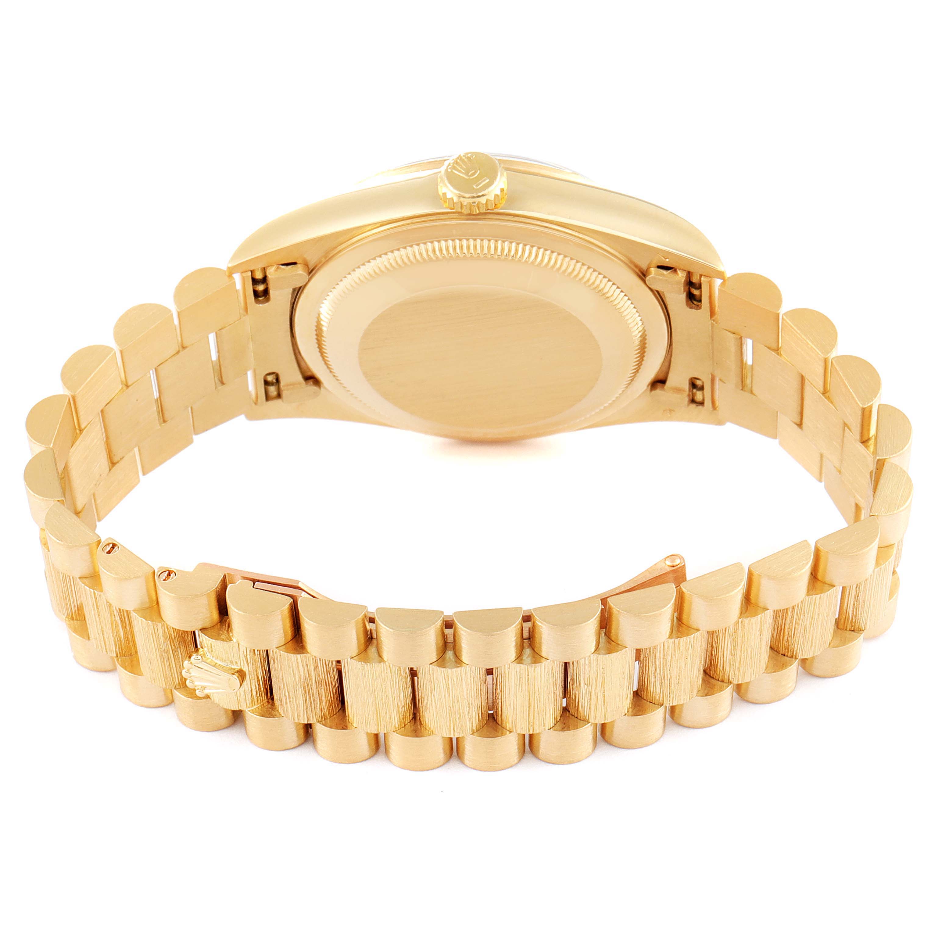 The image shows the back case and gold bracelet of a Rolex President 18248 Men
s Yellow Gold Champagne Dial 18248 Men
s Yellow Gold Champagne Dial model watch.