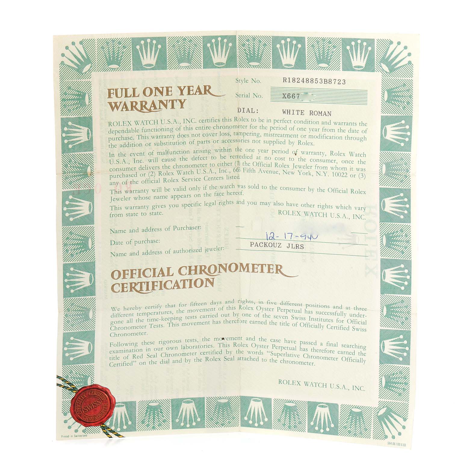 This image shows a warranty and certification document for the Rolex President 18248 Men
s Yellow Gold Champagne Dial 18248 Men
s Yellow Gold Champagne Dial model watch.